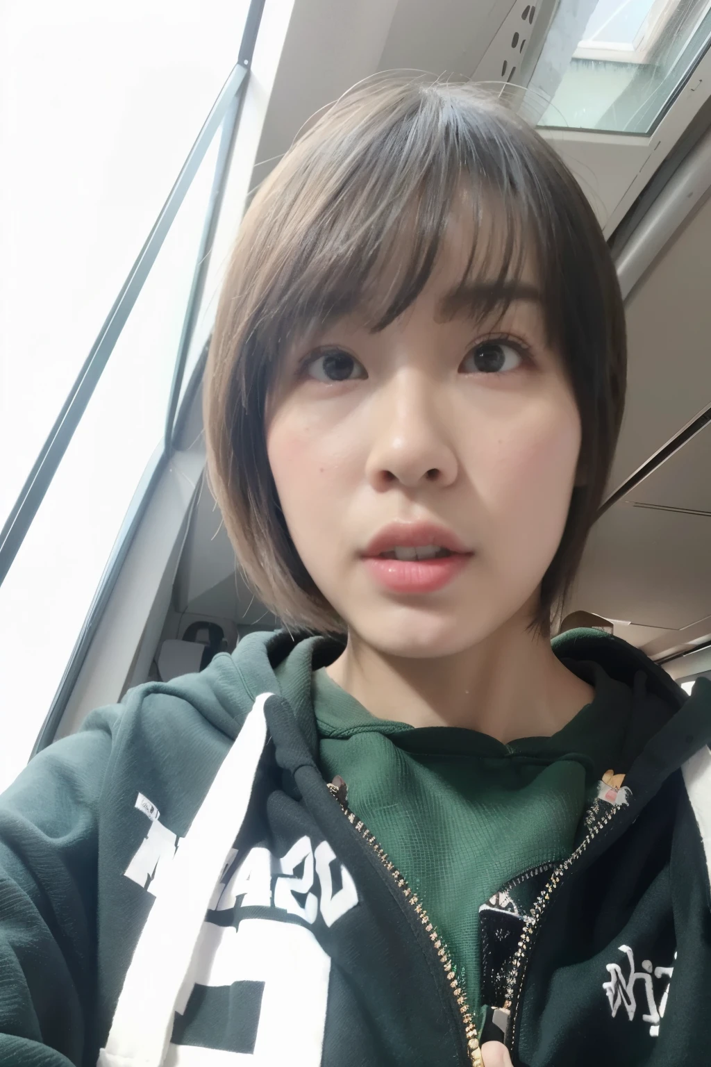 There is a  girl wearing a green hoodie, short hair, xintong chen, wenfei ye, Young cute pale Asian face, Nam Jae-yeon, Chiho, Chihiro! Fujisaki, Cui Xianhua, WAN cute Korean face, qifeng lin, xision wu, wenjun lin, yun ling, qichao wang