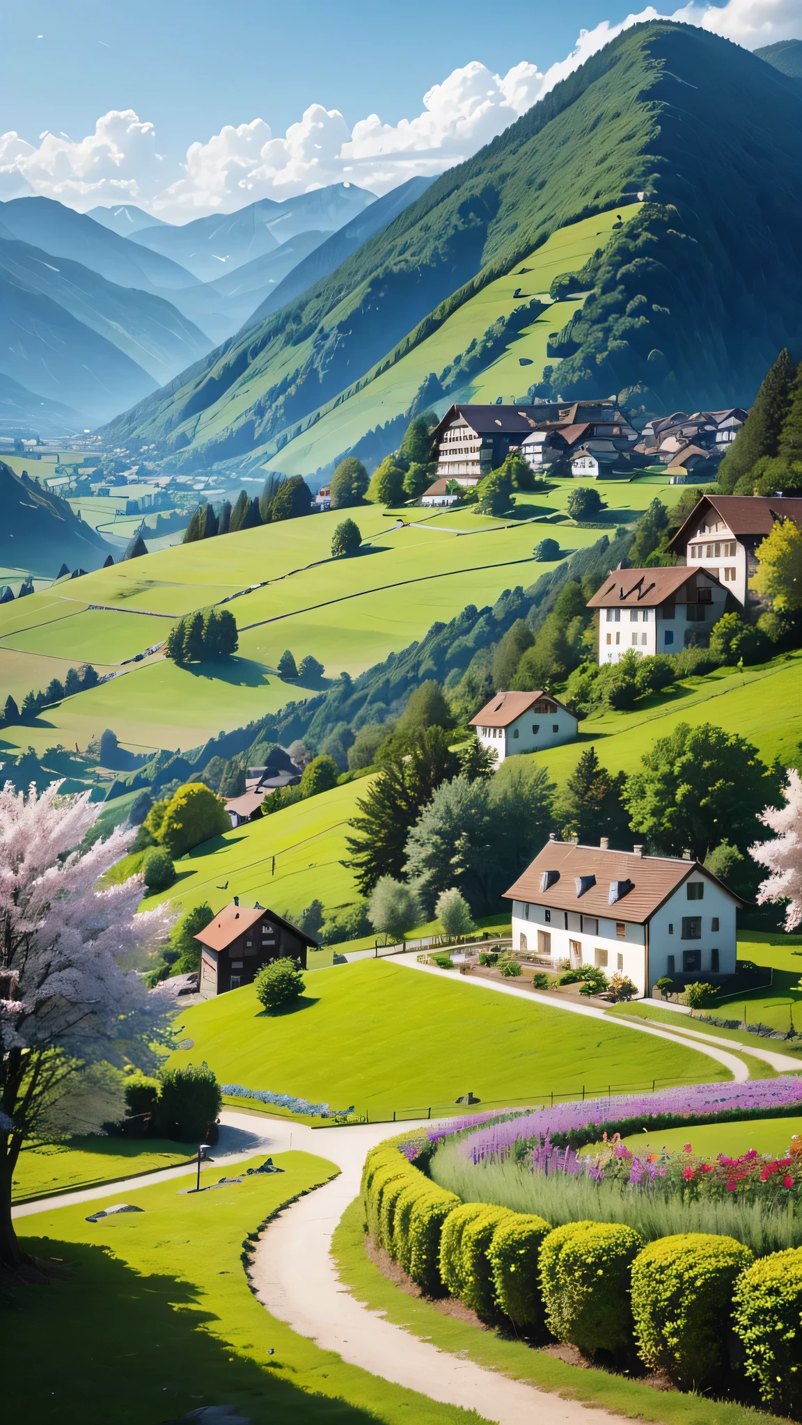 Peaceful and idyllic countryside, Rolling green hills dotted with grazing sheep, Charming villa,Surround yourself with vibrant flowers, clear blue sky overhead, evoke a feeling of calm and simplicity, Charming valley, Switzerland, patches of green fields, Lush countryside, Lush valley,An idyllic village in Milan,,Green fields,Above the village,Undulating terraces,Colorful flower garden,Alpine scenery of Switzerland countryside under the Alps,Carl Chairman Byrne,Magnificent natural scenery, SwitzerlandArchitecture, Beautiful scenery, Rios,waterfall man