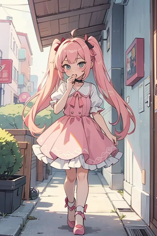 (walking down the street and looking into an alley).
(and in the background in the distance you can see a girl) girl with pink hair, long double-tailed hairstyle ((small bushy pink eyebrows)), dressed in lolita clothes, marked vagina, lolicon drawing style (Zankuro) by the zankuro artist, Zancro style, image uploaded in R34, sucking penis in an alley, deep throat, cum bubbling out of her mouth,