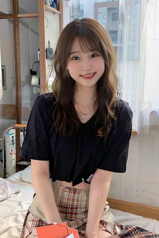 (8k、RAW Photos、Best image quality、masterpiece:1.2)、(Genuine、フォトGenuine:1.37)、Super Detail、Ultra-high resolution、girl、1 person、See the beholder、Beautiful face in every detail、smile、narrow、 (Narrow waist) :1.3)、Dense and beautiful skin、Skin Texture、Flowing Hair、Professional Writing、Long Hair、blonde、high school girlの、high school girl、School Area、Bob Hair、happy smile、baby face smile、No makeup、16 years old、Slightly thin、B cup breasts、nsfw、mini skirt、Panty shot、White panties、one's home、My house、On the bed