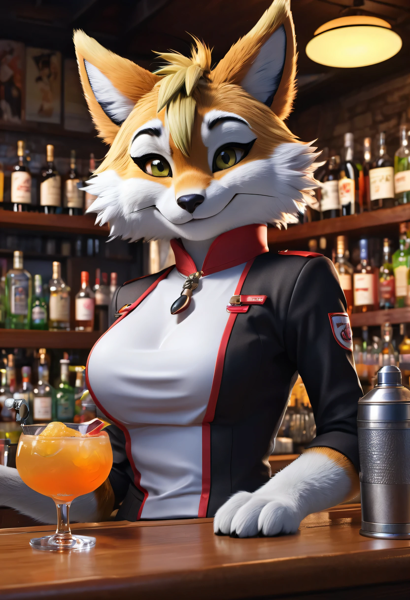 top quality, best quality, High-quality illustrations, masterpiece, super high resolution, detailed background, female bartender, (kemono, furry anthro), medium breasts, bar, cocktail, absurdres(highly detailed beautiful face and eyes)perfect anatomy, expression, good lighting, cinematic shadow, assorted poses, dynamic angle,