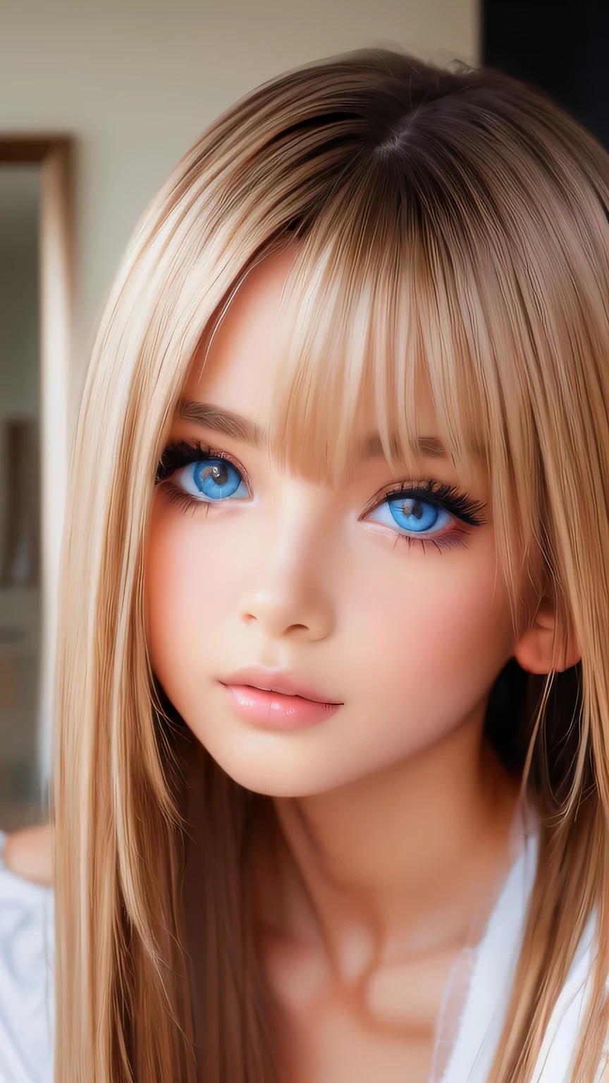 Unparalleled beauty, Glossy, radiant and firm skin, Bangs between the eyes, Shiny straight beautiful natural platinum blonde, Super long straight silky hair, Eyeliner, Sexy, beautiful and innocent 15 year old, Big beautiful bright blue eyes in high definition, Beautiful and lovely girl, ((Huge boobs))、((Erotic、sexy、Ultra-high resolution、The lighting is bright、A natural and precise hand))、hair over eyes、hair over one eye、hair between eyes、Small Face Beauty、Round face