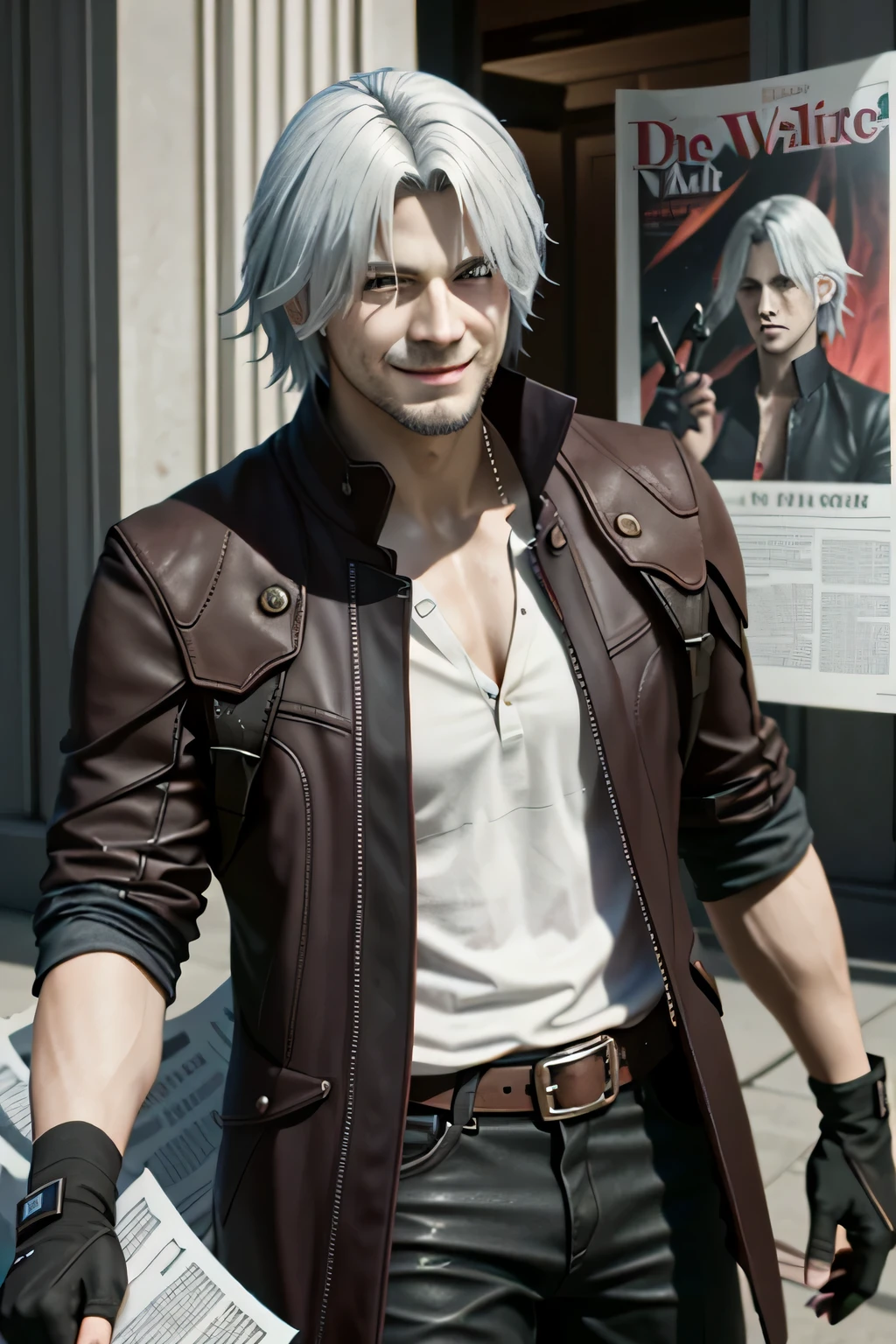 (masterpiece, best quality)
1boy, DanteDevil5, male focus, solo, dante \(devil may cry\), gloves, fingerless gloves, realistic, facial hair, hair over one eye, magazine \(object\), newspaper, smile, beard, white hair
