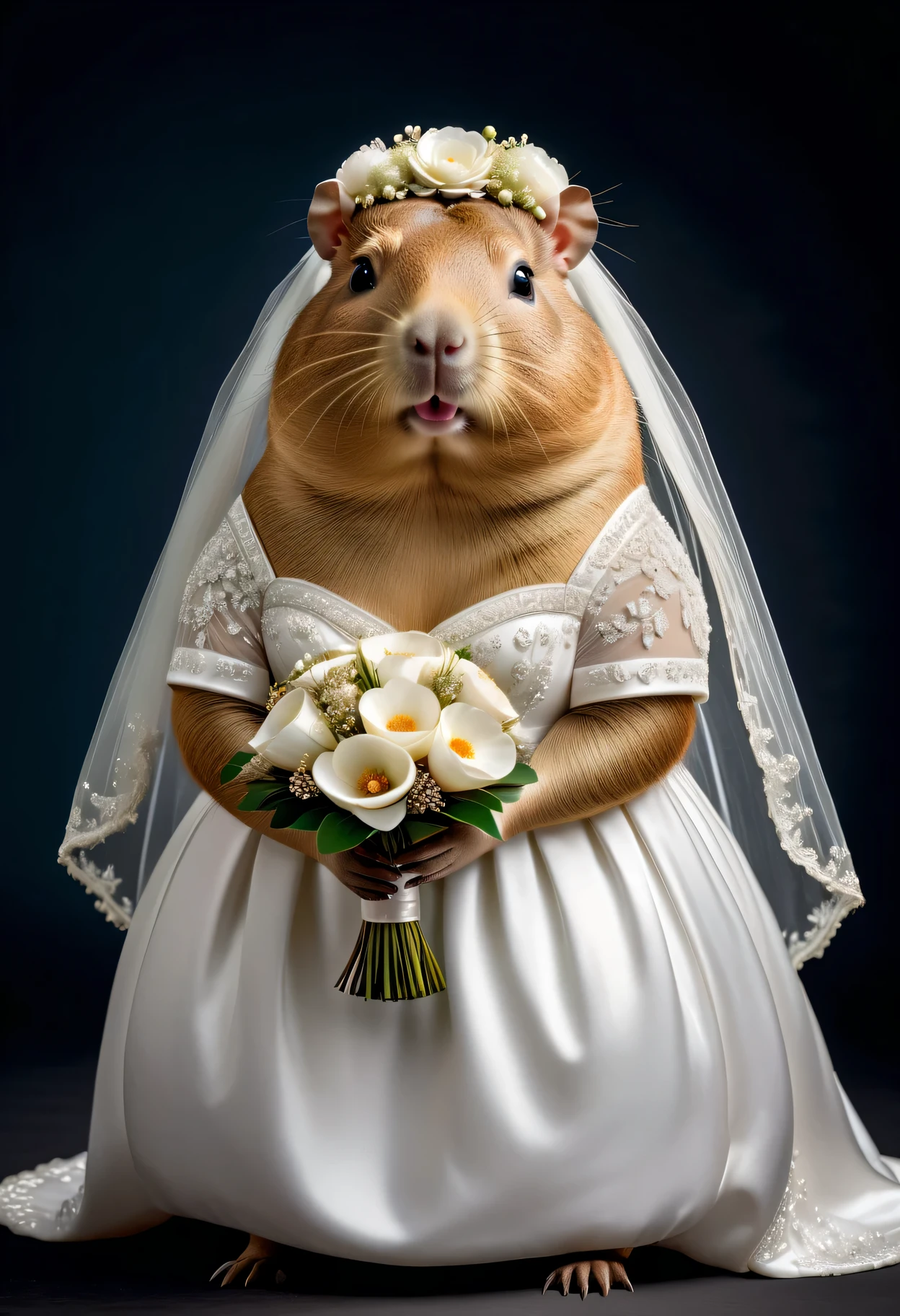 photorealistic portrait of Dressed animals - a ((fat)) capybara bride,(elegant pose),(closed mouth),(furry), high quality,(lovely) ,intricate details, highly detailed ((white wedding dress)),wearing opera globes ,wearing highly detailed veil, highly detailed decorations ,holding flower bouquet, (happy), studio lighting,(full body image:1.5)