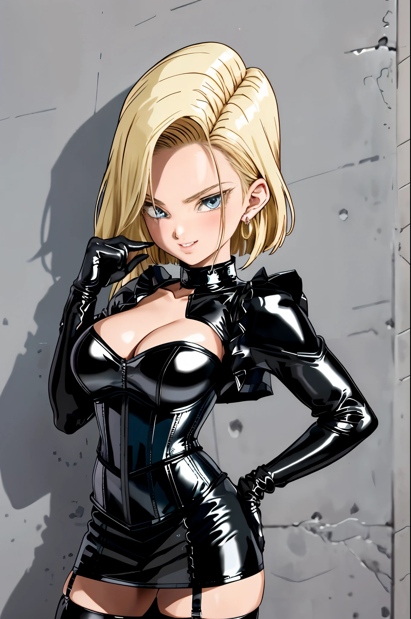 BDSM、Queen、mistress、One girl、solo、(((Long gloves covered to the fingertips in black latex)))、(((Black latex corset dress:1.4)))、(((The corset dress is decorated with beautiful lace.)))、(((corset dress with shoulder straps)))、(((Black latex tight mini skirt:1.4)))、(((Black Thigh Boots)))、Stiletto heels、(((Black latex panties)))、(((Black latex bra)))、(((Black leather collar)))、(((Sexy pose)))、Wide-open legs、(((Erotic)))、(((Cowboy Shot)))、masterpiece、The best quality at its best、Super detailed、Portrait、Beautiful Android 18、solo、Big earrings、gem、Cleavage、Upper body close-up、highest quality、masterpiece、Intricate details、Tone Mapping、Sharp focus、Super detailed、Blonde medium-long straight hair、Blue Eyes、Wicked Smile、laugh at、Cold gaze、blush
