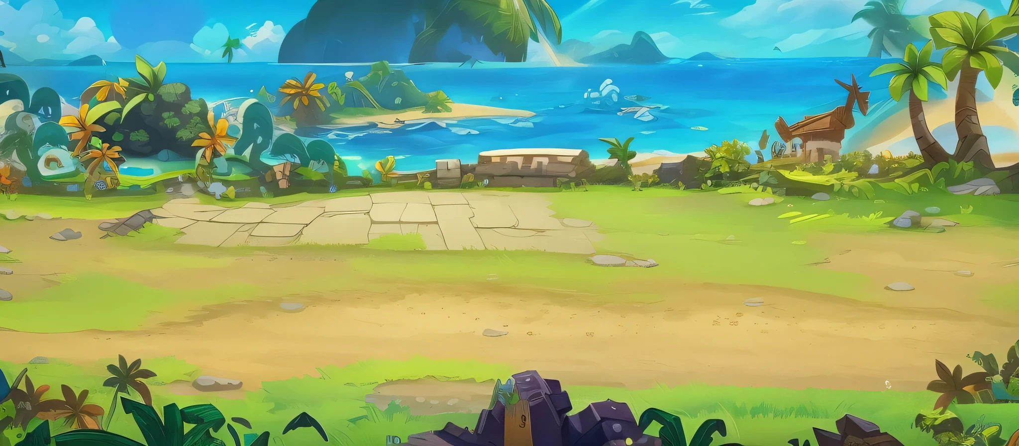 4K,Cartoon scene of tropical island with path and beach, Island Background, background technology, Arena Background, odin's stone Arena Background, mobile Game Background, Game Background, background technologywork, Atlantis Background, Background of the site, 2D Game Art Background, Epic Background, 2d Game Background, jungle background with ruins, Seaside background, Magic battlefield background