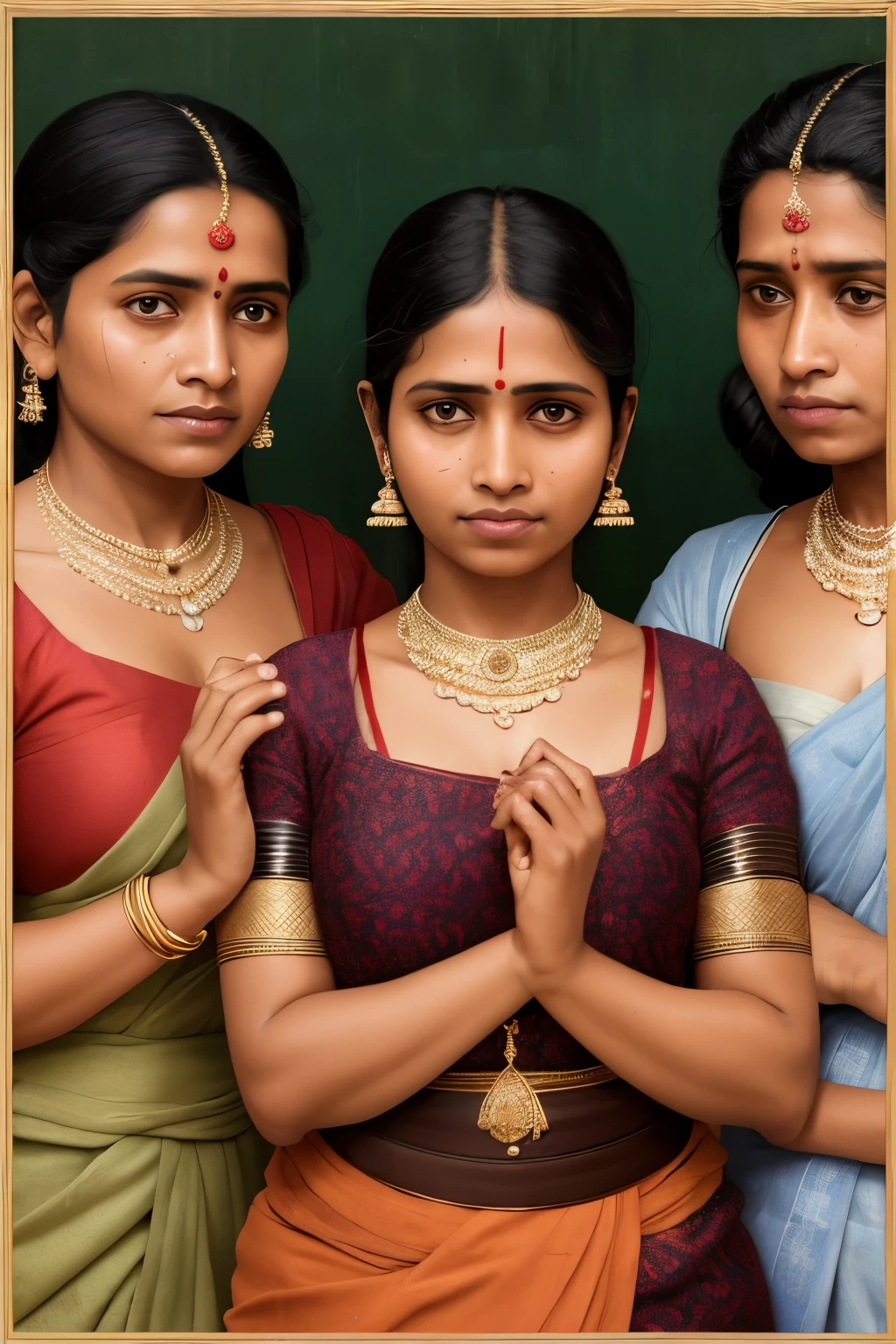 Depict a scene from 19th-century Travancore, India, showcasing women from the lower castes, as they reluctantly comply with the societal taxation, their hands covering their breasts in public, starkly juxtaposing their struggle against the deeply ingrained norms of the time. This intricately detailed image portrays a group of women, their faces etched with a mix of sadness, defiance, and resignation. Each woman's features are delicately rendered, with carefully drawn expressions and deeply textured skin, bearing the weight of their daily hardships.

Their clothing, simple and threadbare, hangs off their slender frames,