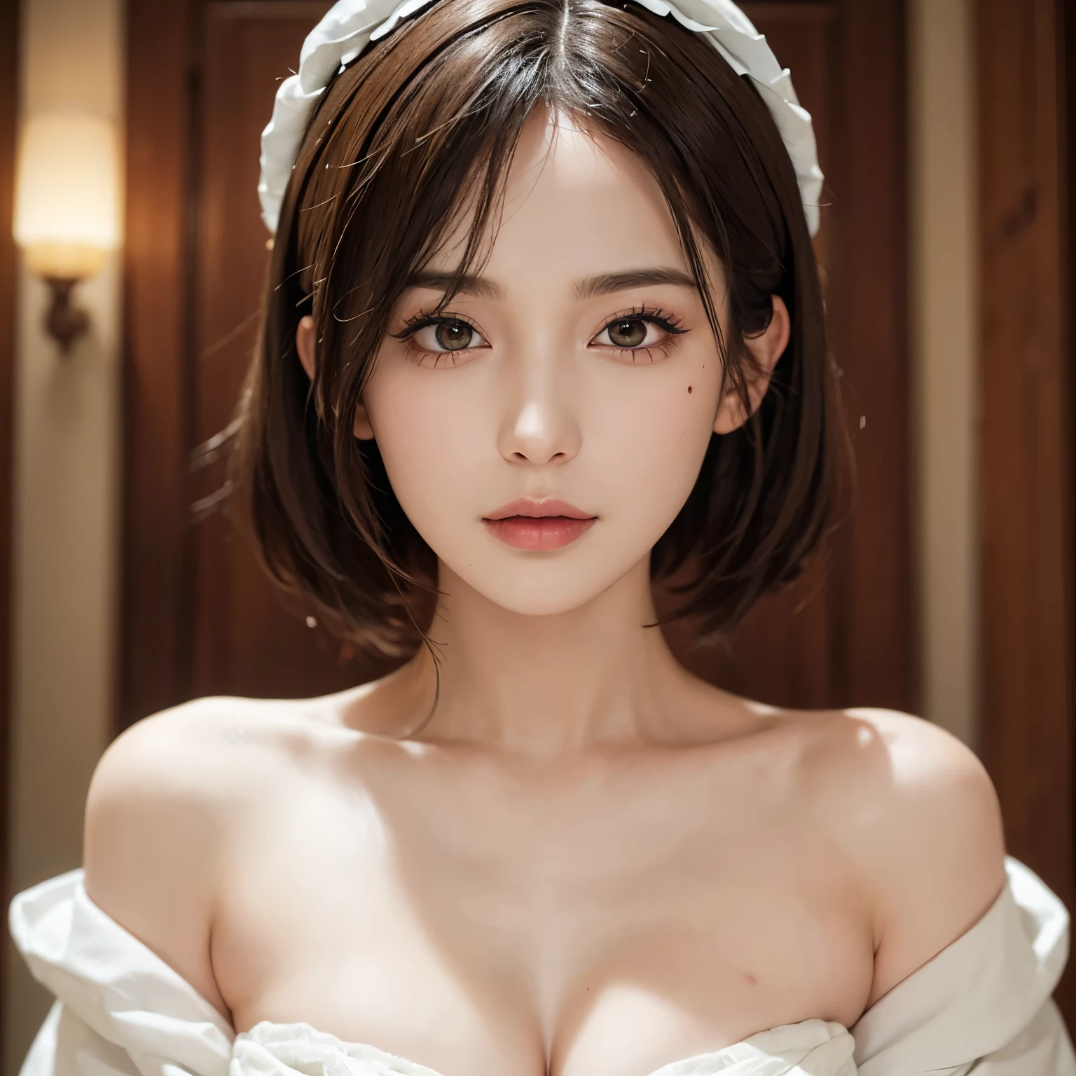 (Top quality masterpiece: 1.2), Ultra-high resolution, (Realistic front light: 1.1), Intricate details and textures,
One Girl, alone, (Look directly at the viewer: 1.3),
Facial highlights that accentuate her delicate features, (Upper body details: 1.4),
(Beautifully detailed face: 1.5), There is a teardrop mole under the left eye.,
White skin shining under the light, Short hair that flows down to the shoulders,
big, Expressive eyes full of emotion,
Her small breasts are visible through her strapless bra, White,
Slightly darker makeup