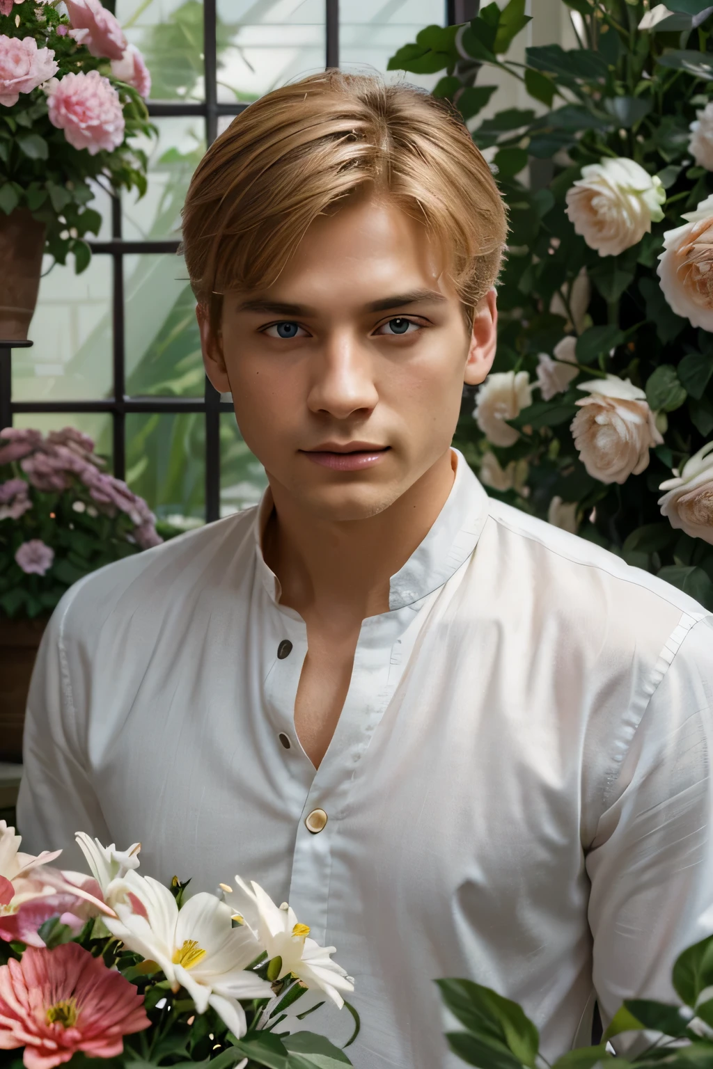 extremely delicate and beautiful, Amazing, finely detail, masterpiece, ultra-detailed, highres,best illustration, best shadow,intricate,sharp focus, high quality, 1male, solo, blond hair. red eyes, kaveh genshin impact, glass greenhouse, flowers in pots, flowers for sale, man looking at flowers, flowers everywhere