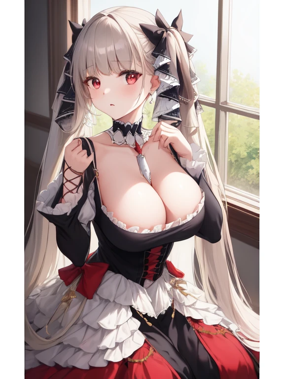 (masterpiece, best quality1.2),illustration,8k,hd,1girls,solo,hand up,(portrait:1.2),long_hair,large_breasts,red_eyes,very_long_hair,bangs,twintails,ribbon,grey_hair,cleavage,hair_ribbon,two-tone_ribbon,between_breasts,black_dress,dress,frills,bare_shoulders,frilled_dress,long_sleeves,two-tone_dress,jewelry,earrings,in the living room,No Windows