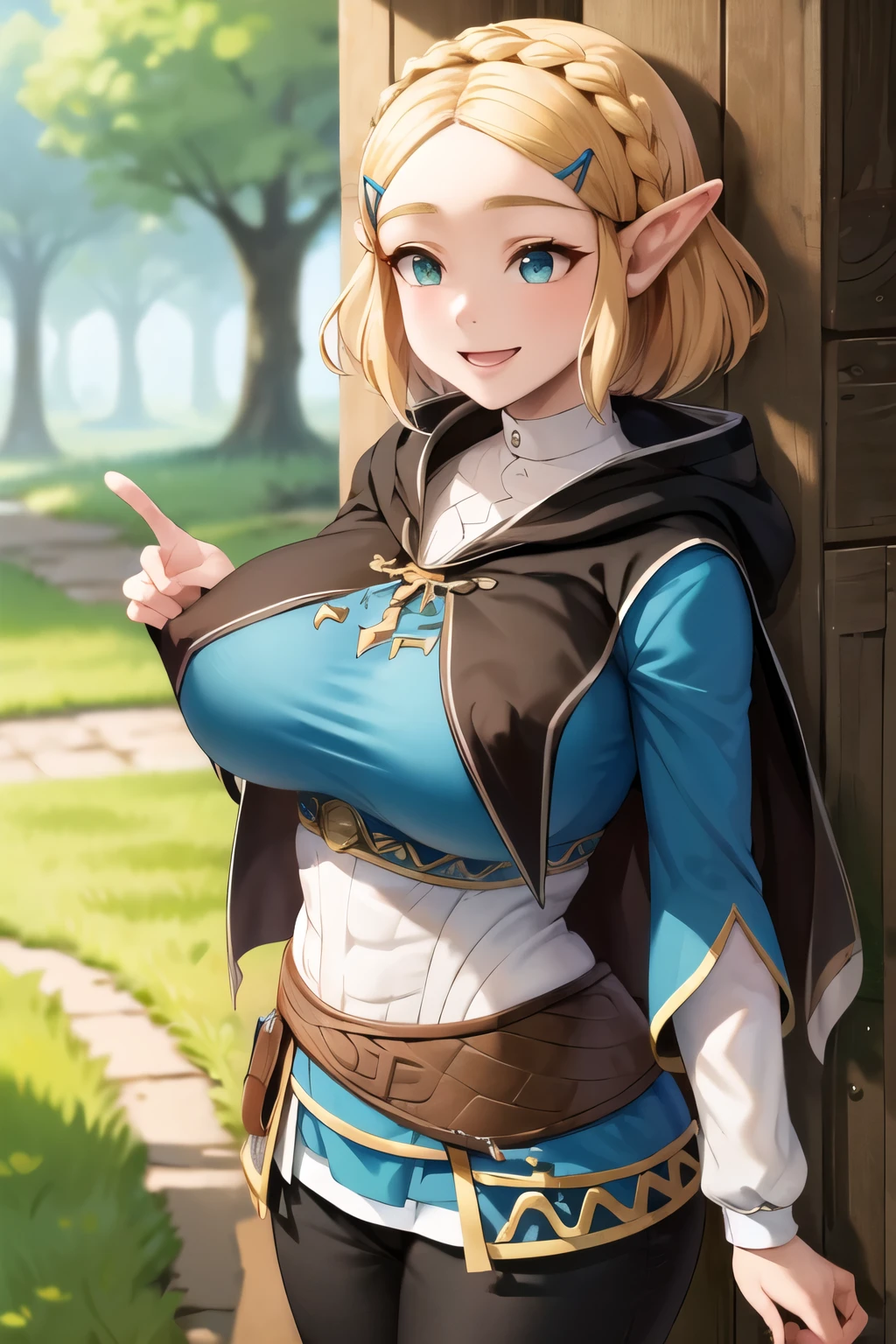 masterpiece, best quality, highres, aazelda, short hair, crown braid, hairclip, pointy ears, brown cape, (blue shirt), black pants, tight pants, standing, cowboy shot, smile, excited, outdoors, low rise pants, collarbone, huge breasts, lactating, holding breasts, breast expansion, 