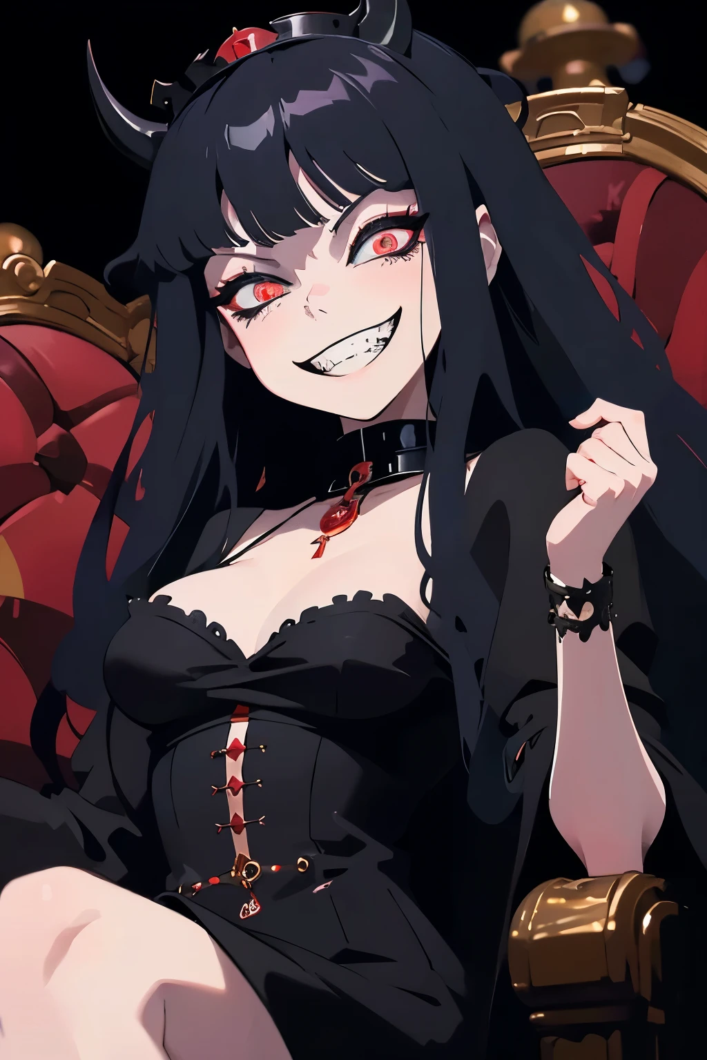 ((detailed:1, masterpiece:2, amazing eyes:1)), a picture of a woman in a black royal dress with long flowing black hair, red glowing eyes ((crazy eyes:1)), and a nasty grin ((crazy grin:1.5)), she has a ((petite:1)) body and is sitting in her throne