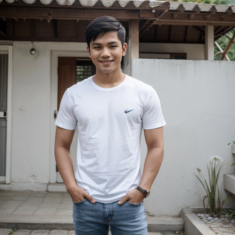 Prompt :

Indonesian young man 25 years old, short haircut, handsome face, wearing a Nike white t-shirt, jeans pants break, smiling sweetly, in front of the minimalis house