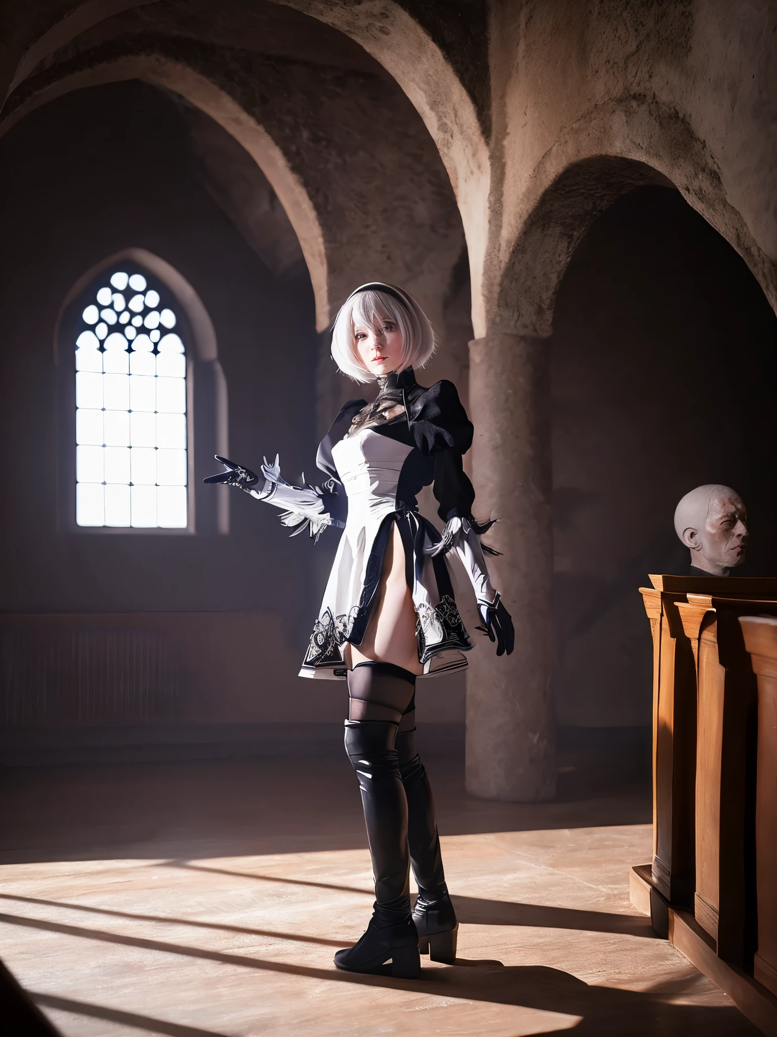 nier:Beautiful cosplay of 2B from Automata、A woman cosplaying as 2B、White skin、tall、21 years old、Englishman、nier:2B&#39;s black costume from Automata、Light background、Fantasyな教会を背景に、Standing tall in the middle of the church、Shooting from a diagonal angle、masterpiece、highest quality、high resolution、Fantasy、Glare、Anime Cosplay Makeup、Real Cosplay Photo、Cool photos、Full body portrait、handsome pose、Wrapped in the pale glow of the morning sun、like、happiness、Kindness、Smoothly rendered