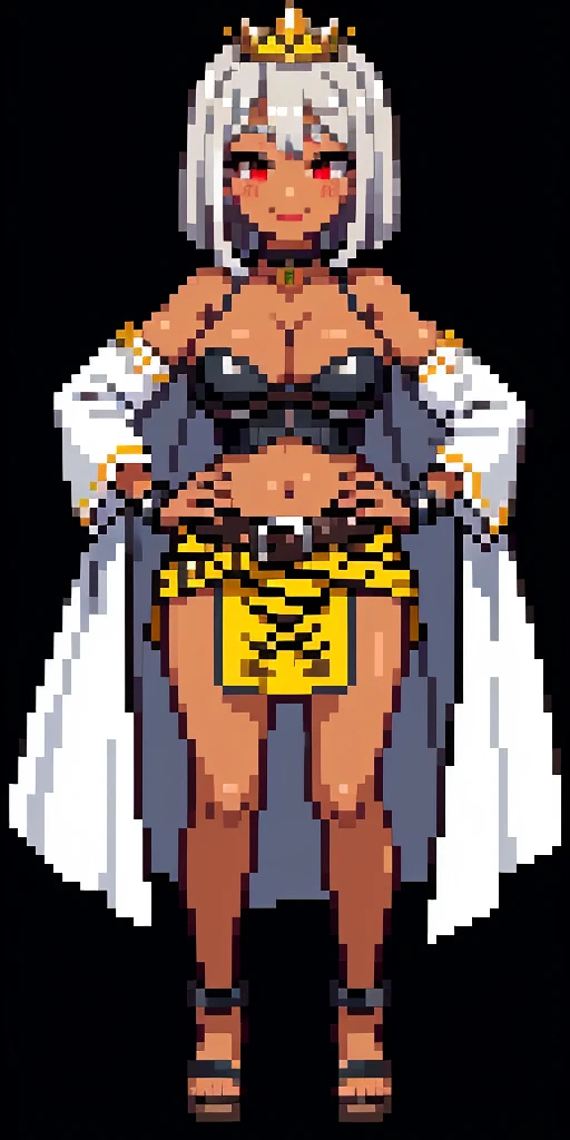 (nsfw)((BLACK BACKGROUND 1:2, masterpiece)) 1solo female full body MILF BIMBO standing straight symmetrical with two long thighs and two metal sandals, red eyes like rubies, eye focus looking to the viewer, silver white hair, short bob style hair, big knockers breastplate, breastplate, cleavage, tiara royal, long cape up to two feet, yellow bikini (yellow tiger stripes), lustful smirking smiling, smile face (red blushed, red cheeks), pauldrons metal shoulders, gold sleeveless bracelets, separate sleeves, hands on waist hands OR hips, golden bracers, metal handcuffs, leather corset, red loincloth, black leather choker slave collar, shackles bracelets, slave red crest under navel, navel, big belt around waist OR hips, feet together, metal ankle, two long thighs and two metal sandals (GYARU)(DARK SKIN)