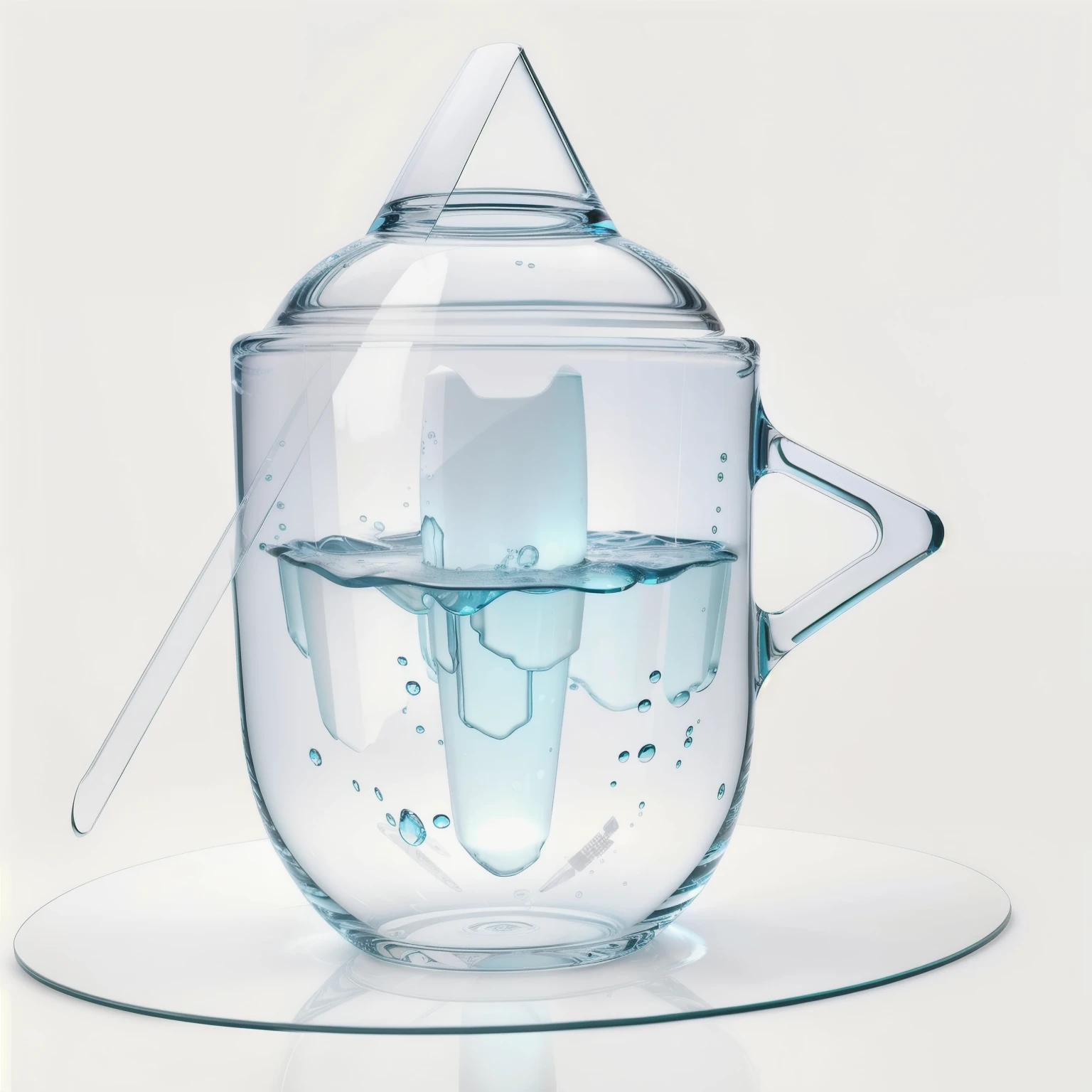 Two-layer transparent water cup，Glass sculpture masterpiece， There&#39;s an airplane inside，Pure white tray， Sports cup cover，shine， high quality，high detail，better quality，ringing，4K，8k，