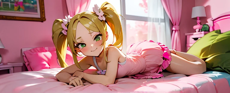 ((Masterpiece)), ((Best quality)), ((high definition 4k |)), ((Junior high school girl)), , bshoulders, (Thin legs), (Backstory, ((on bedroom)), details in the environment,, Face the lens, full body, lesbian，nudegirl ，Lie down in bed，seductive, seductive smile, seductive eyes, ((emerald green eyes)), Super skirt，underdressing，pantiess，Raped，Accurate depiction of the human body, , 1 girl, cute, , bratty, blonde hair, twintails, long hair, cute, bratty, teasing look, dim lighting, green eyes, smiling, sassy, small, pink room, ((pink girly room)), child's room, stuffed animals in room, green eyes, blond hair, long blond hair, twintails, twin-tails, golden twintails, blond twintails, ((pink colored clothes dress)), pink hair bows,