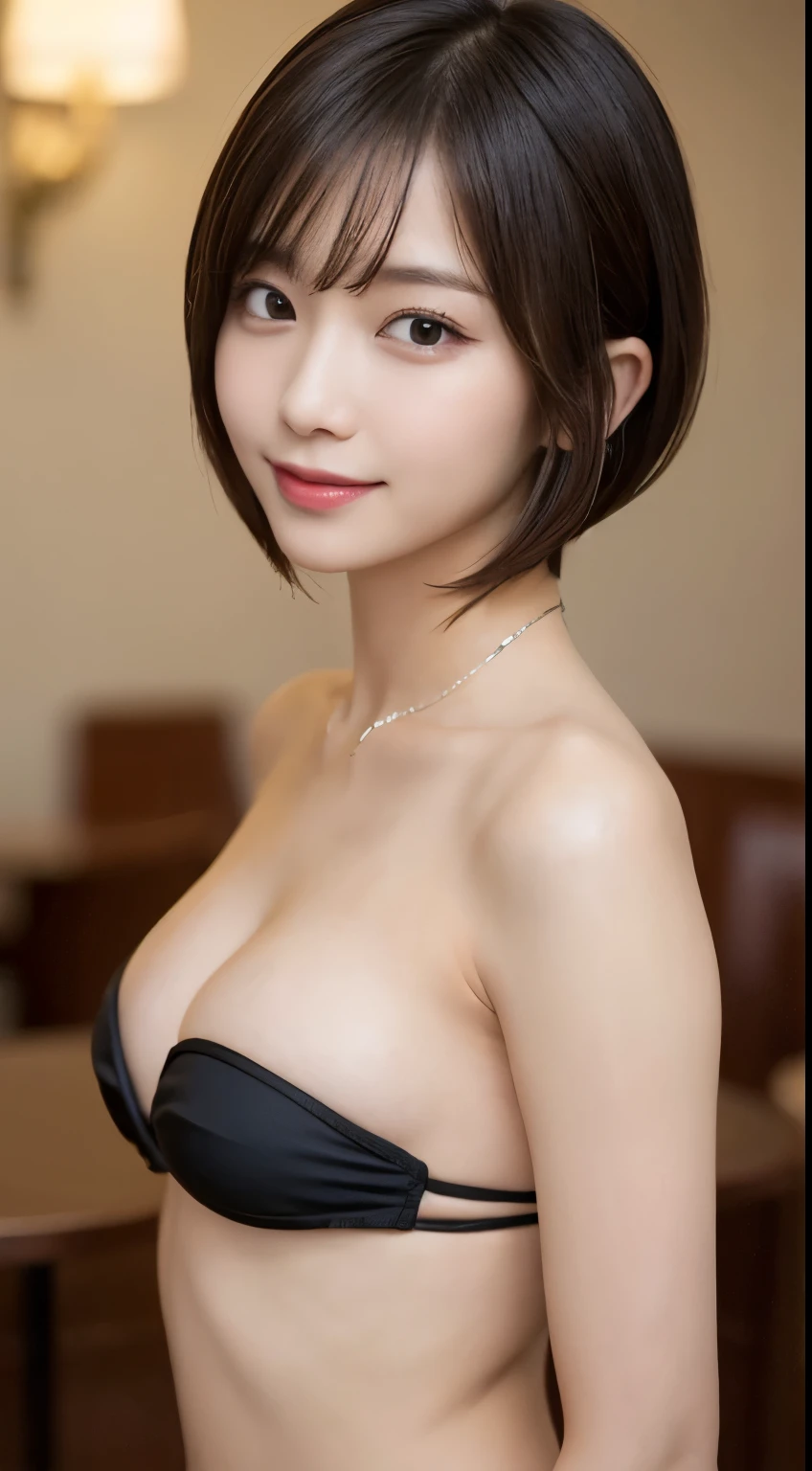 Tabletop, highest quality, figure, (strapless micro bikini:1.3)、(Brown short bob cut:1.3)、Very detailed, In detail, High resolution, 8k wallpaper, Perfect dynamic composition, Beautiful fine details , Hotel(but), Sexy Face,A face of ecstasy,The face at the peak of sexual arousal,Excited face ,KPOP idol faces,Blur the background,Beautifully detailed face