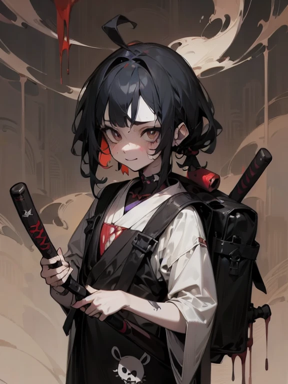 ((18-year-old punk girl,Unusual punk hair:1.3)),((Red and black punk fashion:1.5)),(Stuffed cow:1.5)Studded clothing、((He is holding a bloody baseball bat in his right hand..:1.5))、((Black backpack on the back))、（Light black and blue hair:1.5）,Wacky makeup、whole body, (masterpiece), (High resolution), (Very delicate), scribble, nightmare, doll-like face, Manga style, rough sketch, Horror elements, Manga styleイラスト, Japanese painting, phantom, (Spooky), Japan sculpture, crazy illustration, antique, Dark atmosphere, Flat Illustration,Spookyな外観, Distinctive messy hairstyle, creative accessories, Unique atmosphere
