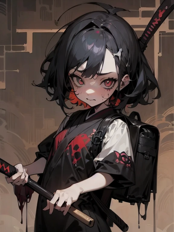 tmasterpiece,Close-up of a woman with blood red eyes,grinning smile,Red and black gradient hair,Confused pupils,style of junji ito,Morbid style,Shy,Stitch marks on the face,Black and white clothes,with red and black background,Highest image quality,fearsome,8K