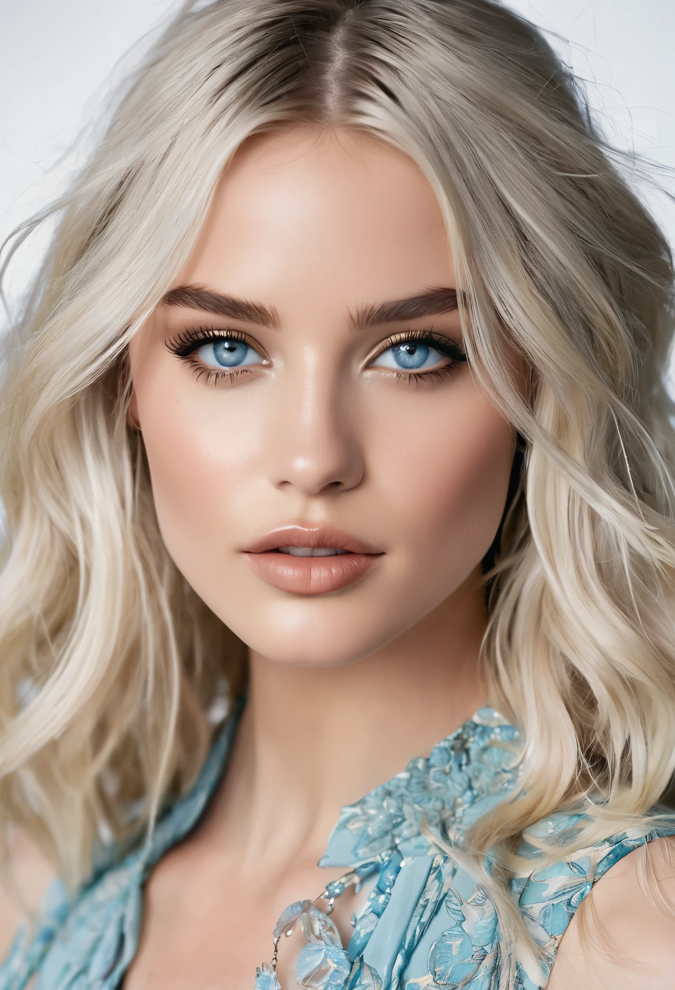 Harper is a vision of ethereal beauty, with cascading platinum blonde locks that shimmer like moonlight. Her piercing gray-blue eyes hold a captivating gaze that speaks of mystery and intrigue. Standing at 5'9", Harper possesses a slender yet athletic figure, with graceful curves that exude confidence and grace.Style and Fashion: Harper's style is effortlessly chic with a touch of whimsy. Whether she's strutting down the runway in a flowy bohemian dress or rocking a tailored pantsuit with bold accessories, she exudes sophistication and confidence. Her fashion choices reflect her playful personality and love for mixing timeless classics with modern trends.Facial Features: With her sculpted cheekbones, full lips, and flawless porcelain complexion, Harper exudes an otherworldly beauty that captivates all who encounter her. Her expressive eyes are framed by long, fluttery lashes, adding depth and intensity to her striking gaze. A dainty nose ring and delicate ear piercings add a touch of edge to her classic features.