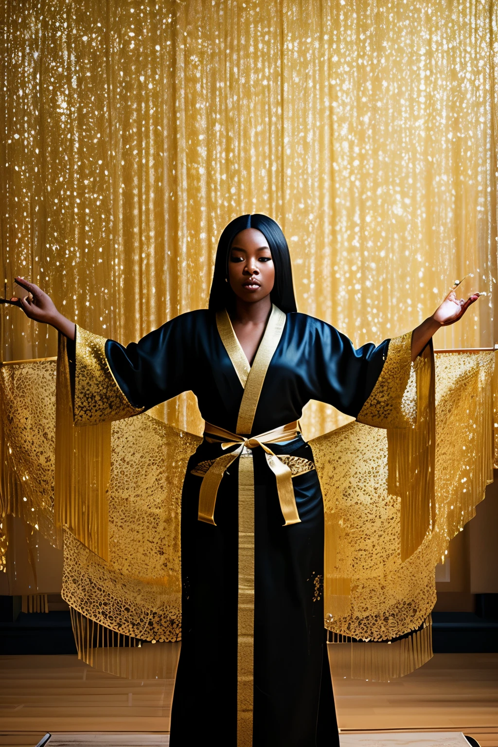 In the heart of a tranquil dojo, a Black Nubian woman dressed in a breathtaking black and gold silk kimono radiates an aura of power and serenity. Her glittering attire reflects the vibrant, beautiful colors of her surroundings, catching the eye and capturing the essence of the room. A curtain made of golden strings, intricately woven and suspended from the ceiling, gently frames her rhythmic performance as she plays the drums with an unwavering focus. The image is rendered with hyperrealistic detail, every fiber of her kimono shimmering in the ultra HD, unreal engine-rendered cinematic lighting. A mesmerizing scene