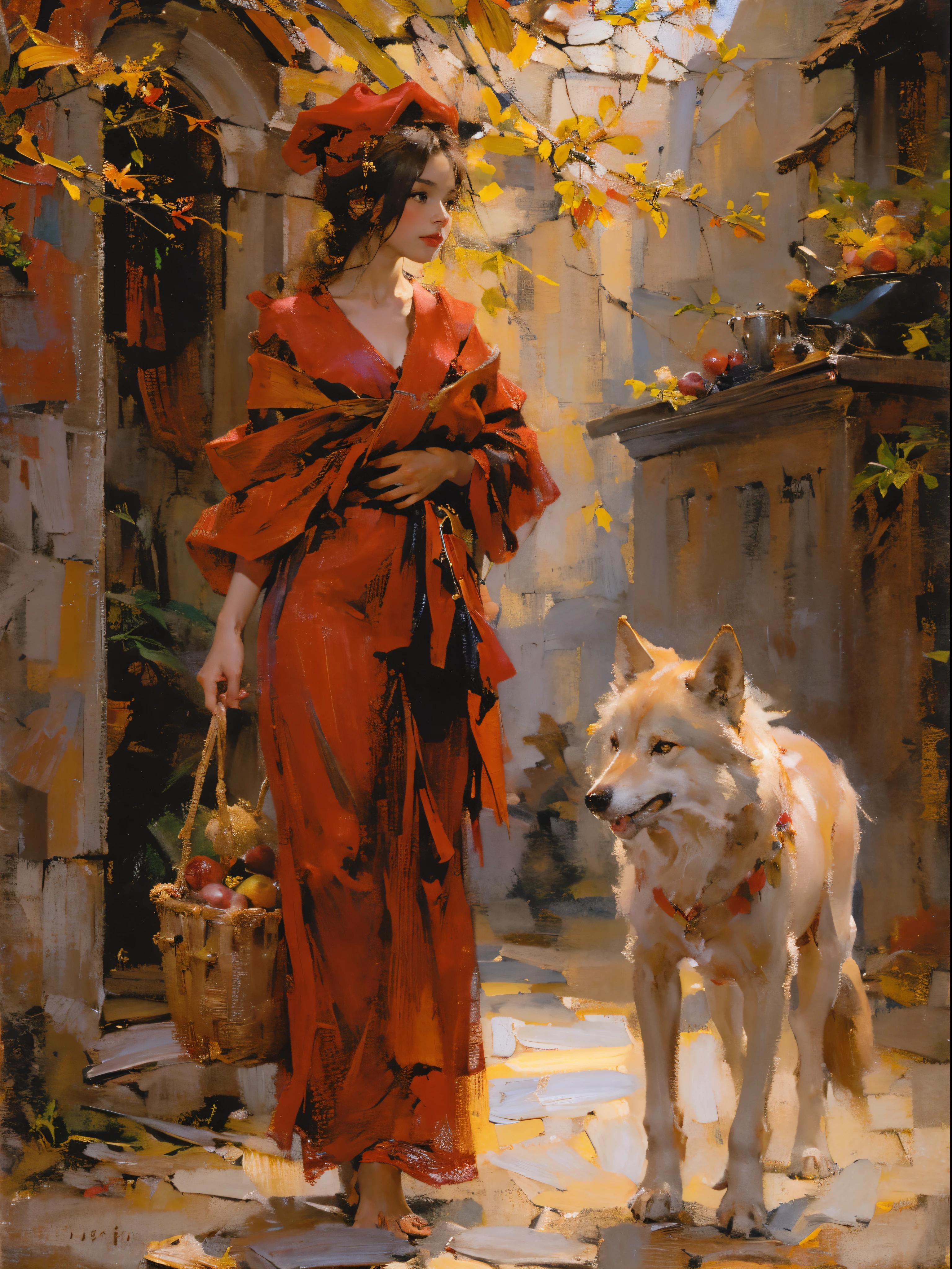 Describe the red girl meeting the wolf,Quiet and harmonious atmosphere,drama production,Warm colors,Correct anatomy,Detailed face, Delicate eyes,(Girls' clothing:Red shawl,Red Hat,Lace dress,Red Hat, cloak, Large bra, skirt, Red Dress,Carrying a basket of fruits),background:Lure,Natural Lighting, Candy House,Fairy tale world,((Sexual suggestion)),Attractions,(Post-Impressionism),colorful,(Fechin oil paintings - Fechin oil paintings , oil painting), 04