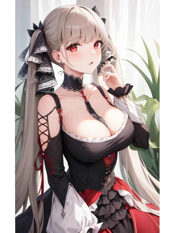 (masterpiece, best quality1.2),illustration,8k,hd,1girls,solo,hand up,(portrait:1.2),long_hair,large_breasts,red_eyes,very_long_hair,bangs,twintails,ribbon,grey_hair,cleavage,hair_ribbon,two-tone_ribbon,between_breasts,black_dress,dress,frills,bare_shoulders,frilled_dress,long_sleeves,two-tone_dress,jewelry,earrings,indoors