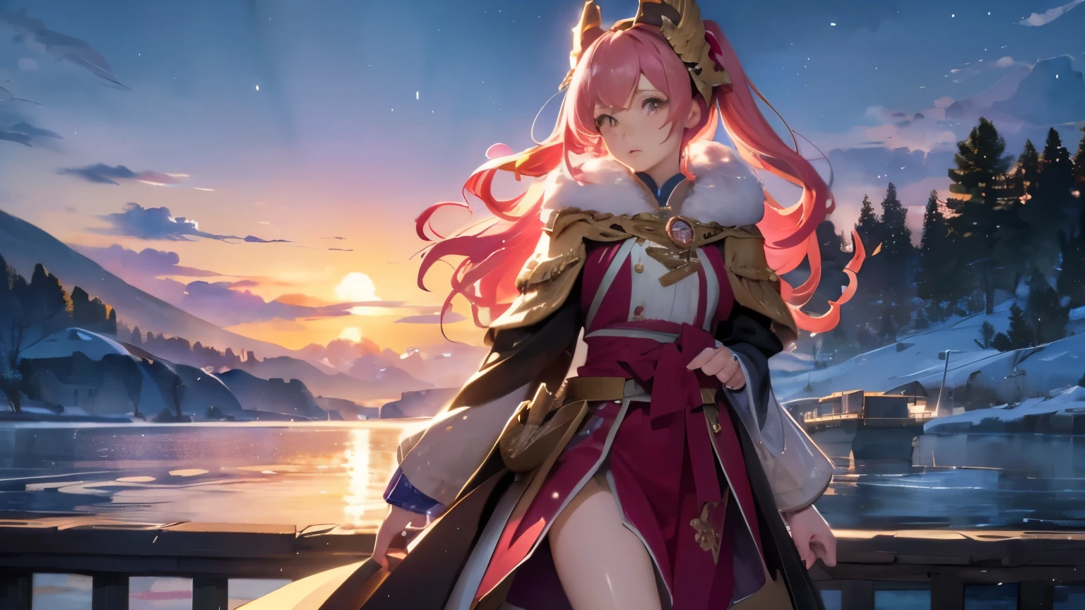 One Girl,Beautiful woman with pink hair in the style of Hatsune Miku(Beautiful Face),(Young Gravure Idol),(finely detailed perfect face),(highest quality,8K quality,masterpiece:1.3,High resolution,Tabletop:1.2, realism:1.3),,Full body dark grey fur, A golden gladiator-like helmet with a red crest, Brown fur collar, Gold disc pendant, masterpiece, highest quality, (Watercolor style),Walking through the castle with a beautiful night sky as a backdrop