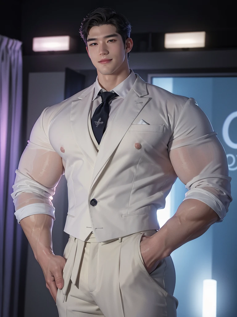 boy, y.o, handsome, white ham, black suit, tie, trousers, school(best quality:1.5, hyperrealistic:1.5, photorealistic:1.4, madly detailed CG unity 8k wallpaper:1.5, masterpiece:1.3, enthusiastically detailed photo:1.2), (hyper-realistic lifelike texture:1.4), highly detailed, ((masterpiece, best quality)) ,extremely detailed 8K wallpaper, 1 korean male, (korean man with k-pop idol look), 20yo, handsome, detailed face, heavy muscular, stubble, naked, formal suit & pants, prominent bulge, photo real, illuminating light, sexy, big, brutalmass, giant, muscular body, bulk, massive body, large size, smile, blue background