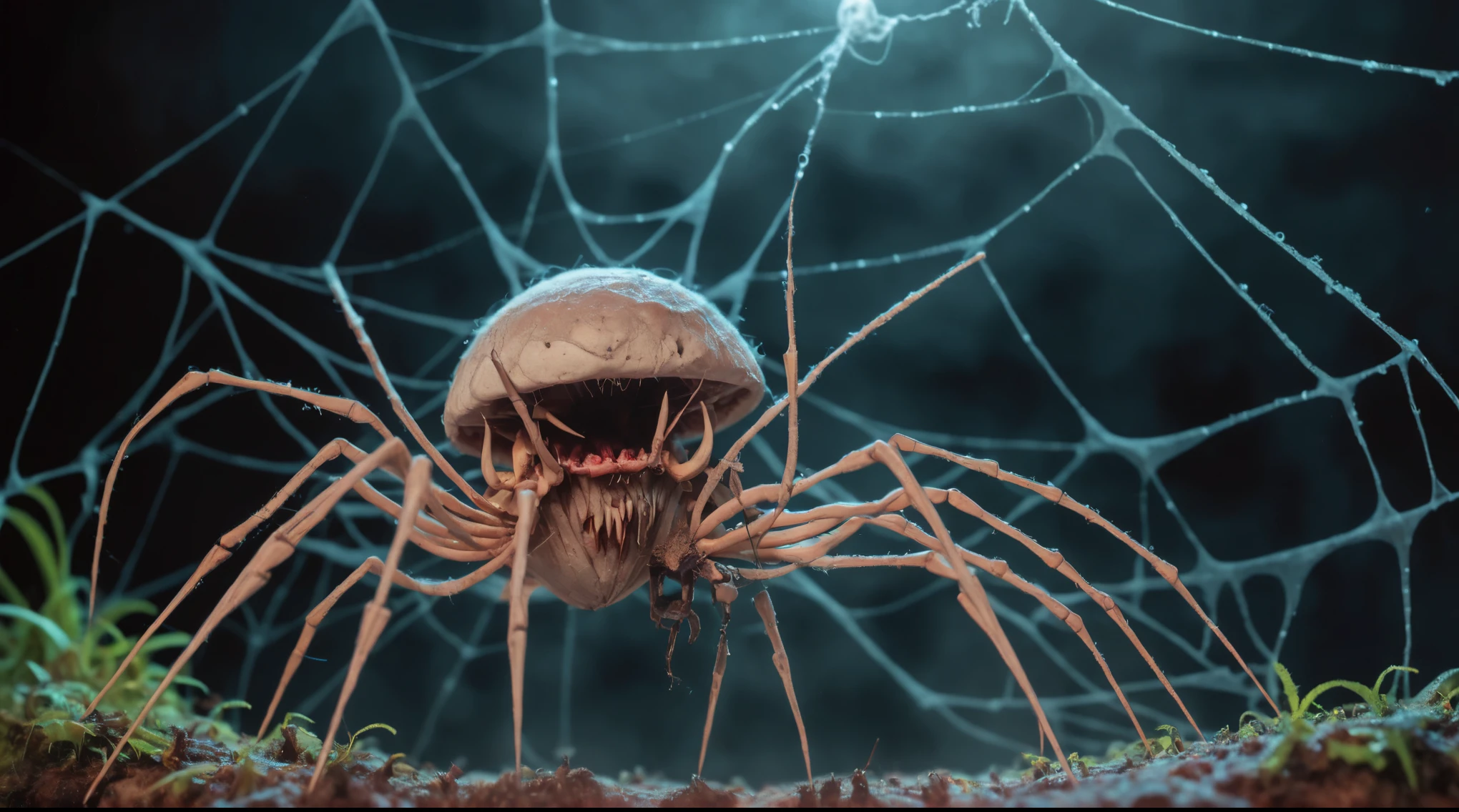 cinematic photo of a lysergic spider web closeup, full frame wide shot, a giant (cyborg mushroom spider:1.1) with mouth and long strands of teeth made of fungal webbing, gritty, textured, slick, moonlit, cinemascope, moody, epic, gorgeous, film grain, grainy . Eerie, unsettling, dark, spooky, suspenseful, grim, highly detailed, 35mm photograph, film, bokeh, professional, 4k, highly detailed . 35mm photograph, film, bokeh,macro