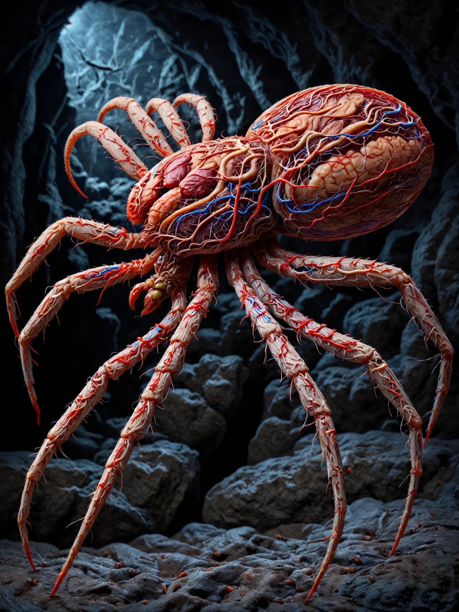 An ais-vesselz spider, its spindly legs pulsating with ais-vesselz, abdomen as brain its translucent abdomen revealing a beating heart, deep in a dark cave.