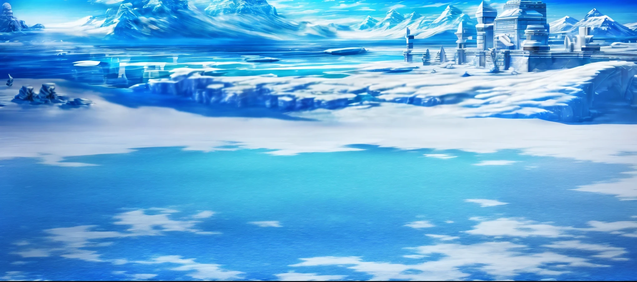 There is a painting,The painting shows a frozen lake, icey tundra background, epic background, ice mountains in the background, pillars of ice background, background art, background aerial battle, background: Battle Scene, game background, mobile game background, icy landscape, snow wasteland, background artwork, snow landscape background, iceberg in the distance, Winter concept art
