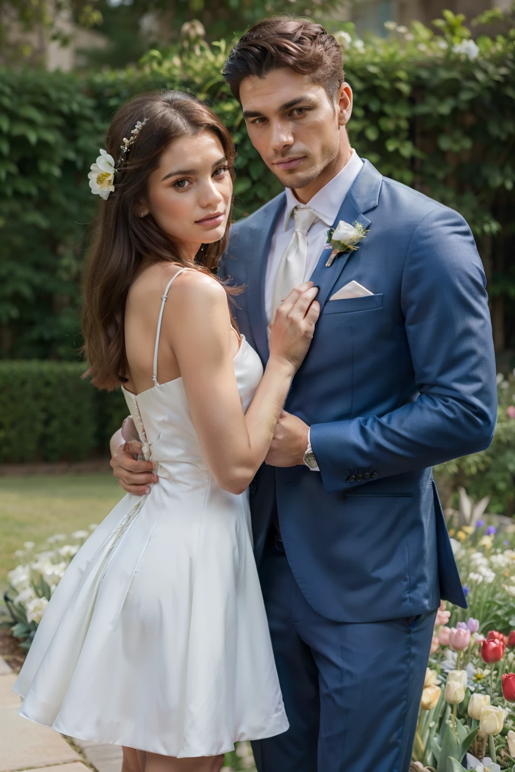 A woman in a wedding dress and a man in a classic suit against the backdrop of a blooming garden