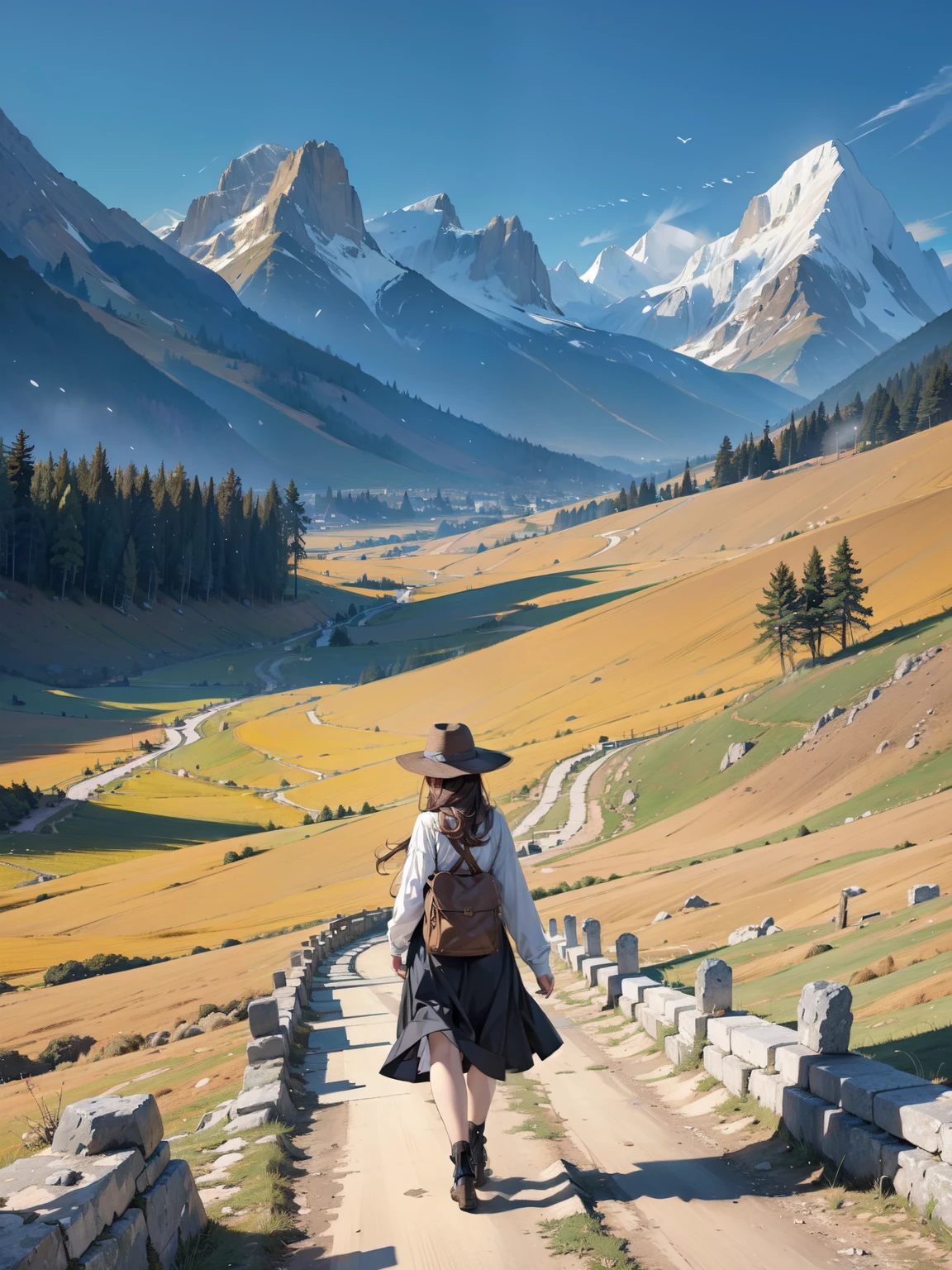 (best quality, masterpieces:1.2), extremely detailed background, a girl walking along a path leading to majestic mountains, figures stretching under the sunlight from the mountaintop, beautiful scenery adorned with earth-toned colors, a hopeful and inspiring landscape that evokes gentle emotions.