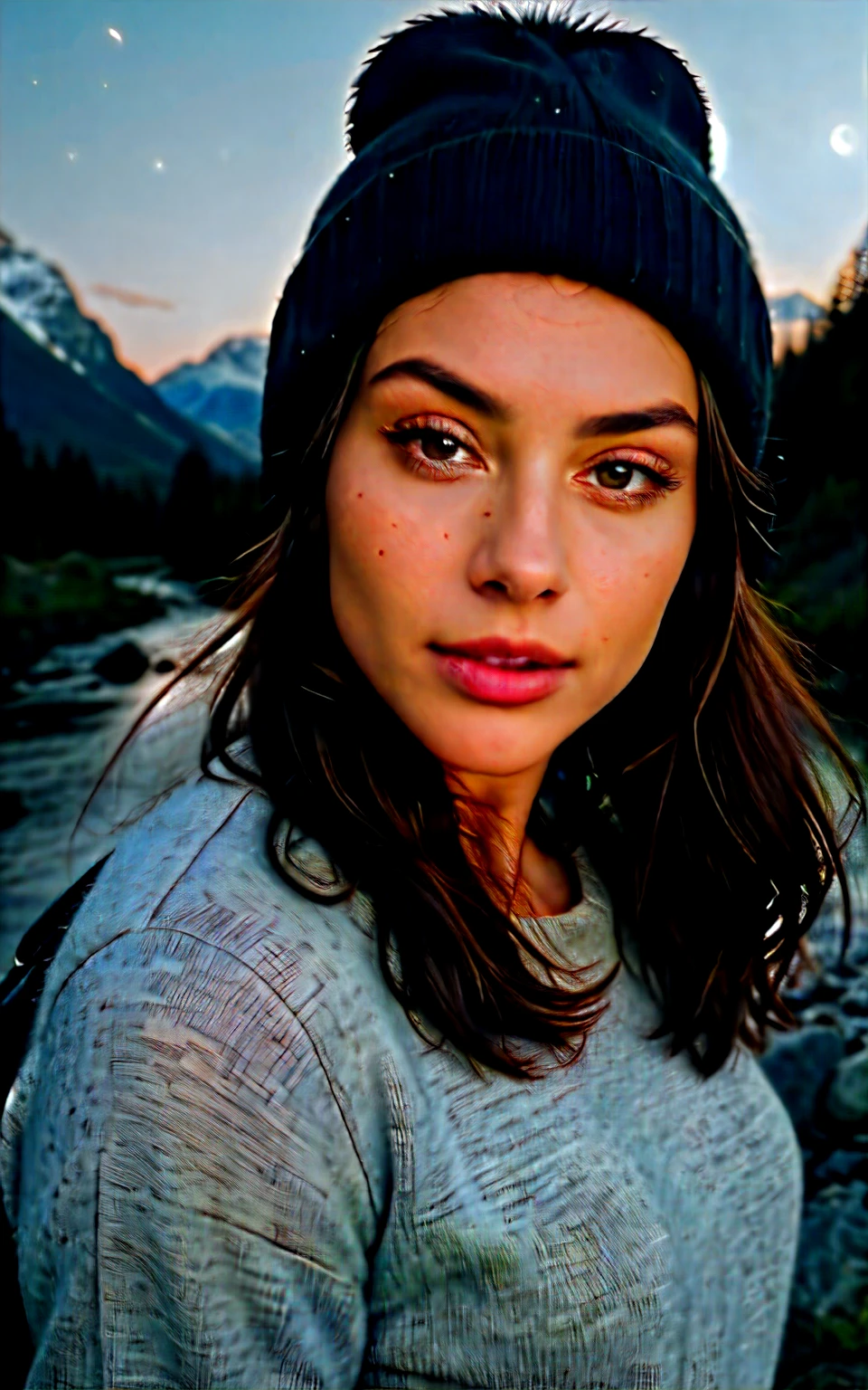photorealistic, best quality, hyper detailed, beautiful woman, selfie photo, torso, light eyes, alone, pullover dresses, outdoors, (night), mountains, real life nature, stars, moon, (cheerful, happy), bag sleeping, gloves, sweater, hat, lantern, forest, stones, river, wood, smoke, fog, clear sky, analog style, looking at viewer, skin texture, film grain, close up, ultra high resolution, best shadow, RAW, instagram LUT