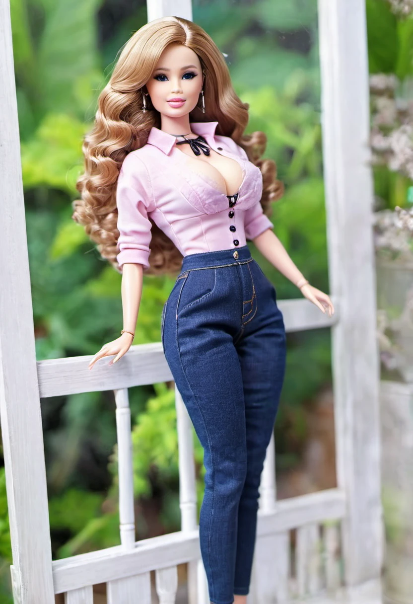 (masterpiece, best quality: 1.2), 1 Curly Hair Barbie,Dolls，colloid， Delicateeyes, Wide hips, colloid皮肤，casual clothes， High heel，Huge natural breasts，