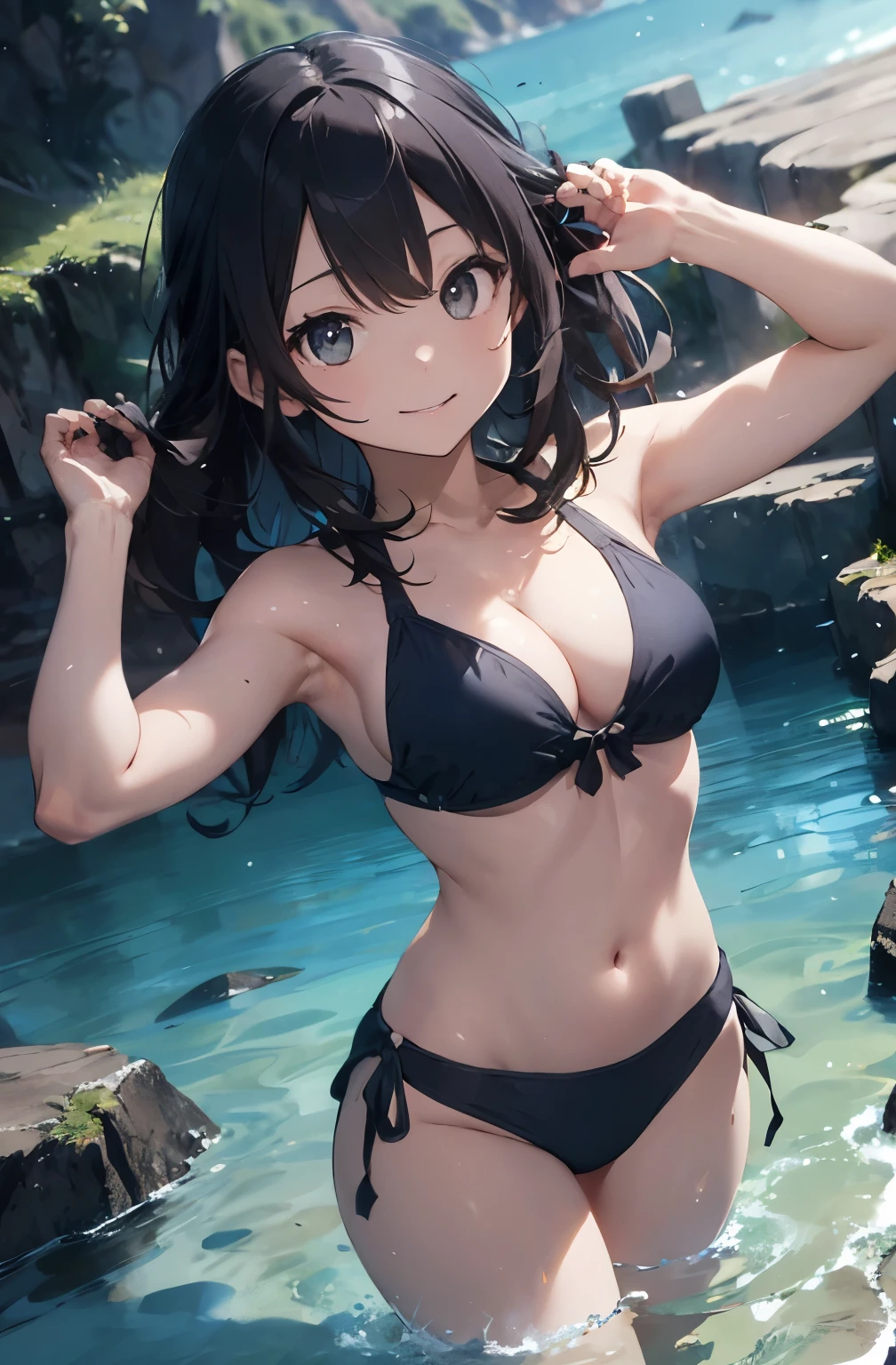 High resolution、
一人のbeautiful若い女性、
Japanese anime style,
(Masterpiece 1.5),super high quality, Very detailed,Perfect drawing,NFSW、beautiful woman、beautiful, Glowing Skin、A kind smile、beautiful black hair、Braiding、(((beautiful水着)))、(((Luxury Swimwear))),3D、16K Illustrations、((Clear Face))、High resolution、Nice background、beautiful background、Spotlight、Vibrant colors、(((Detail View)))、Perfect Beauty,beautiful指,beautiful手,Point first,nail,Put your arms behind your back,Wakame seaweed、Wakame seaweed、Wakame seaweed、Wakame seaweed、Wakame seaweed、Wakame seaweed、Wakame seaweed、