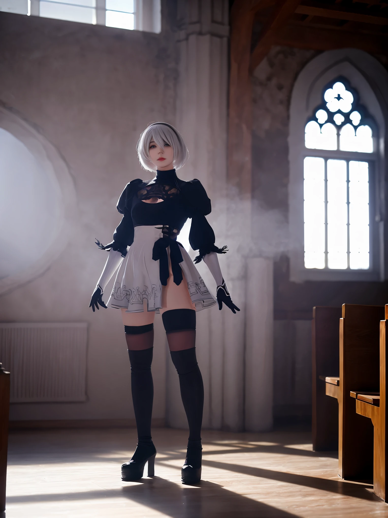 nier:Beautiful cosplay of 2B from Automata、A woman cosplaying as 2B、White skin、tall、21 years old、Englishman、nier:2B&#39;s black costume from Automata、Light background、Fantasyな教会を背景に、Standing tall in the middle of the church、Shooting from a diagonal angle、masterpiece、highest quality、high resolution、Fantasy、Glare、Anime Cosplay Makeup、Real Cosplay Photo、Cool photos、Full body portrait、handsome pose、Wrapped in the pale glow of the morning sun、like、happiness、Kindness、Smoothly rendered