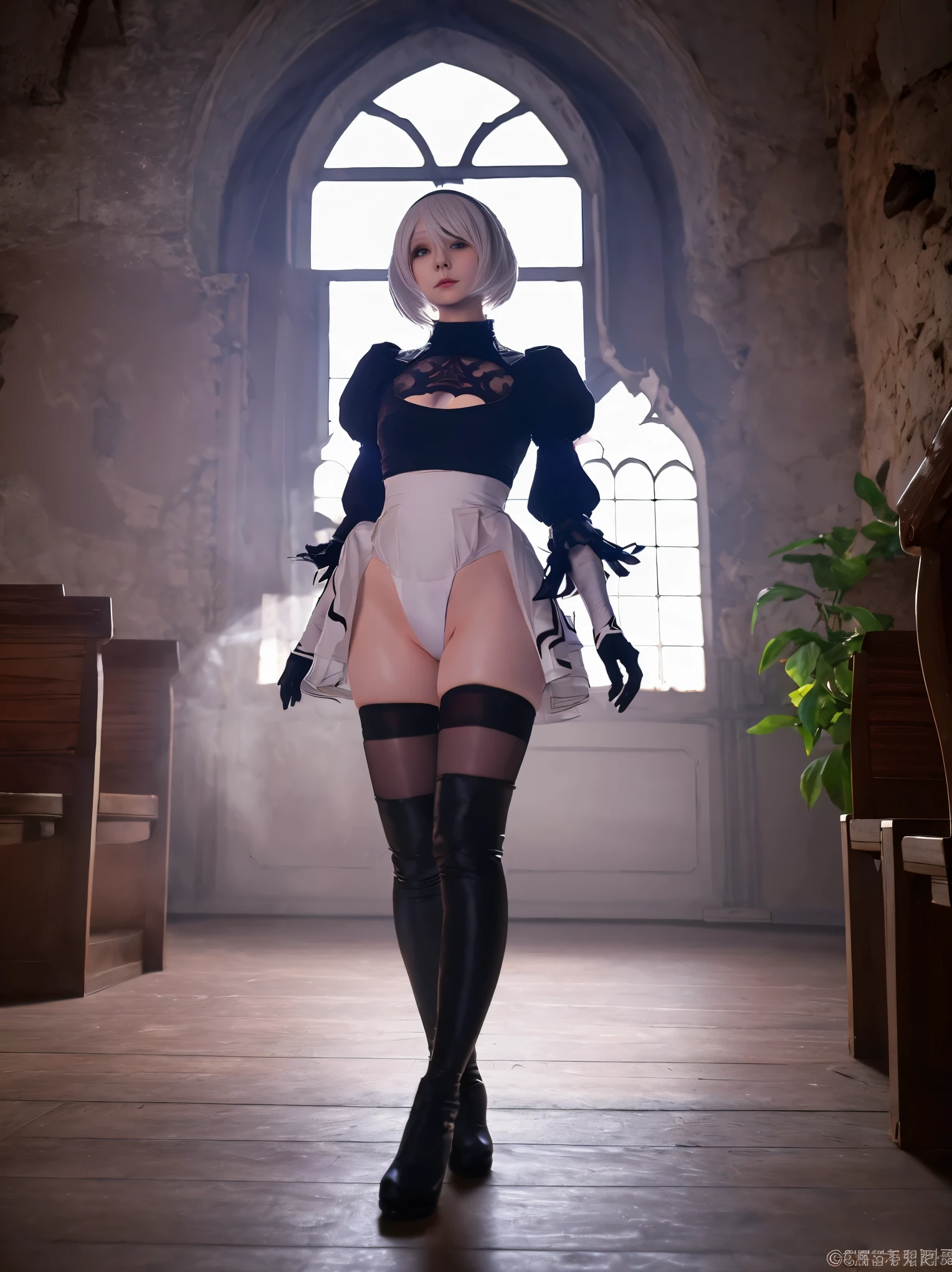 nier:Beautiful cosplay of 2B from Automata、A woman cosplaying as 2B、White skin、tall、21 years old、Englishman、nier:2B&#39;s black costume from Automata、Light background、Fantasyな教会を背景に、Standing tall in the middle of the church、Shooting from a diagonal angle、masterpiece、highest quality、high resolution、Fantasy、Glare、Anime Cosplay Makeup、Real Cosplay Photo、Cool photos、Full body portrait、handsome pose、Wrapped in the pale glow of the morning sun、like、happiness、Kindness、Smoothly rendered