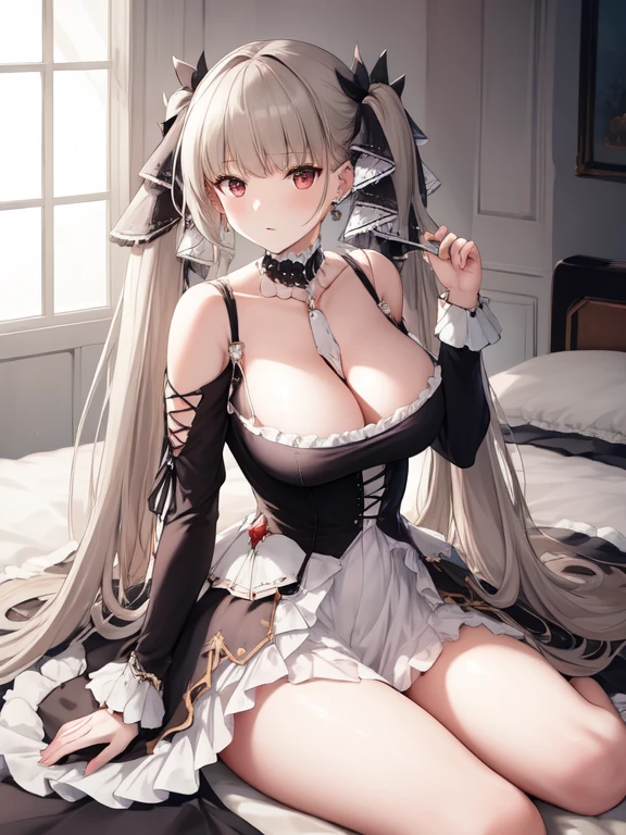 (masterpiece, best quality1.2),illustration,8k,hd,1girls,solo,hand up,(portrait:1.2),long_hair,large_breasts,red_eyes,very_long_hair,bangs,twintails,ribbon,grey_hair,cleavage,hair_ribbon,two-tone_ribbon,between_breasts,black_dress,dress,frills,bare_shoulders,frilled_dress,long_sleeves,two-tone_dress,jewelry,earrings,on the bed,No Windows