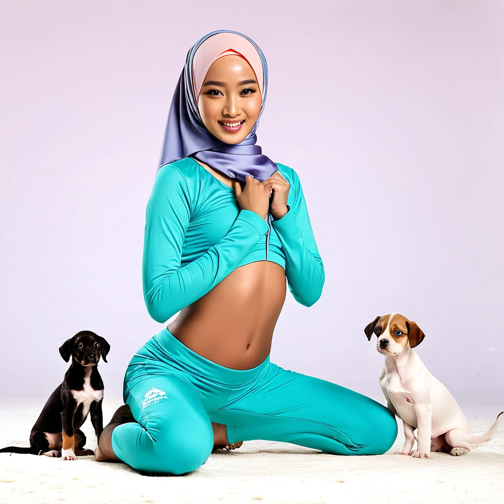 A malaysian woman (age 20, hijab no hair showing, athletic, a lite extra padding, hourglass figure, dressed appropriate o the scene) she is doing a commercial for PETA unclad, she is playing with puppies and having a ball