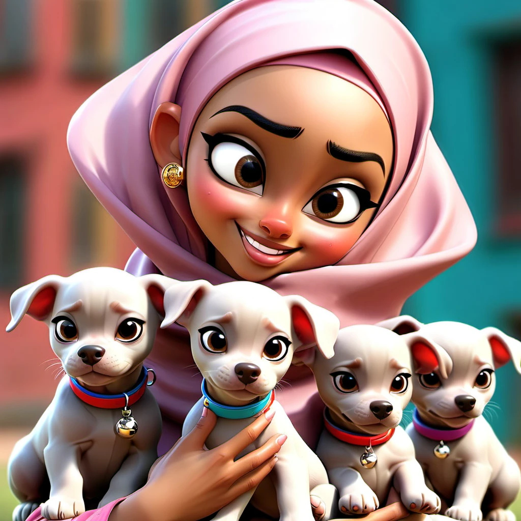 A malaysian woman (age 20, hijab no hair showing, athletic, a lite extra padding, hourglass figure, dressed appropriate o the scene) she is doing a commercial for PETA unclad, she is playing with puppies and having a ball