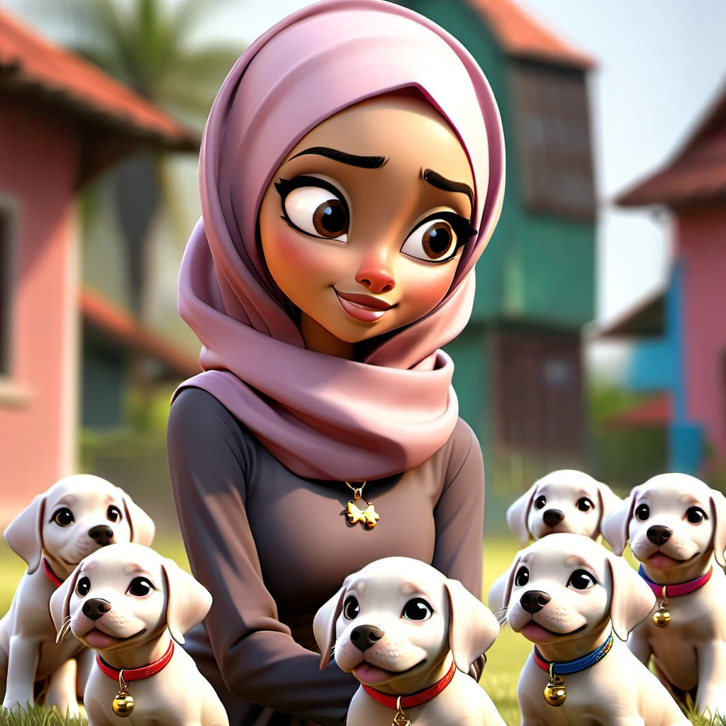 A malaysian woman (age 20, hijab no hair showing, athletic, a lite extra padding, hourglass figure, dressed appropriate o the scene) she is doing a commercial for PETA unclad, she is playing with puppies and having a ball