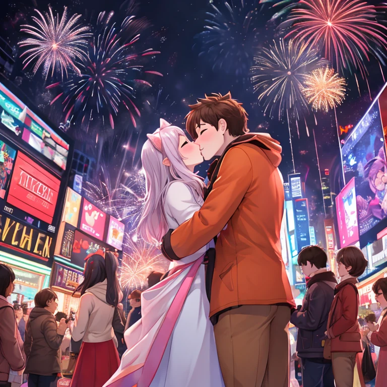 New Year’s kiss, exited, soft, sweet moment, in time square, yay, joyful expressions, ^-^, smiles, many people in the background, fireworks in the background.
