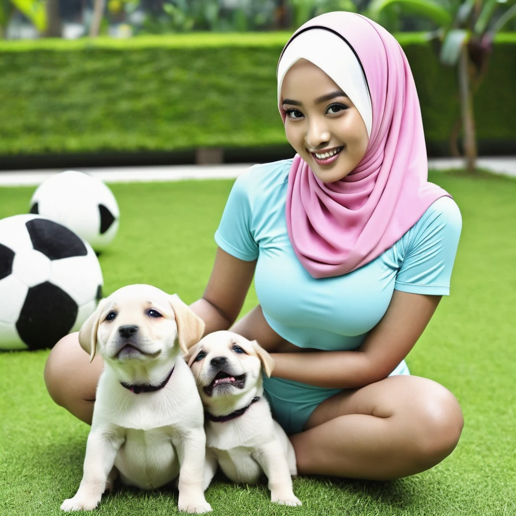 A malaysian woman (age 20, hijab no hair showing, athletic, a lite extra padding, hourglass figure, dressed appropriate o the scene) she is doing a commercial for PETA unclad, she is playing with puppies and having a ball