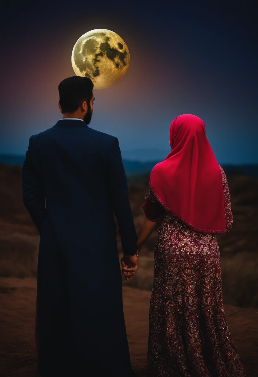 Muslim husband and hijab wife taking photo of moon