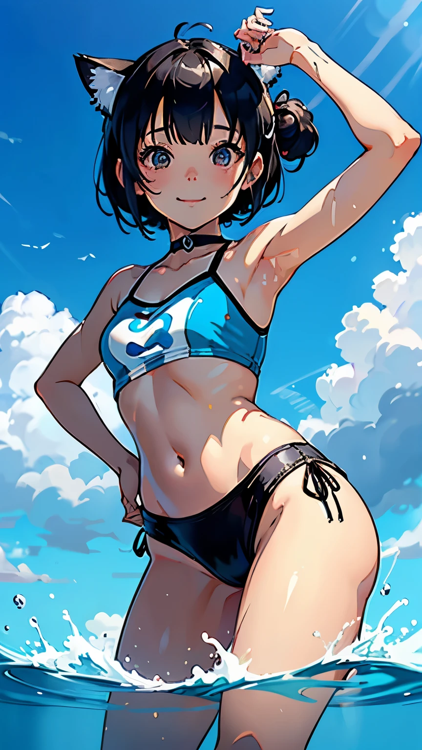 (highest quality, masterpiece, High resolution)、(Anime Art 4k)、(Concept Art)、Cinematic Light、Soft Light、(One Girl)、(whole body)、(Hands on hips)、Black Hair、(Swimwear)、(カラフルなSwimwear)、(Brightly colored design)、loose t-shirt、Off the shoulder、cute、Cat ear、Bobcut、semi-long、Hair Bun、hair ornaments、choker、Bright smile、Small breasts、(Cat Pose)、(play)、Cat jarashi、Pool、Water Play、Water gun、Beach ball、(splash)、((White Background))、((Blank Background))、