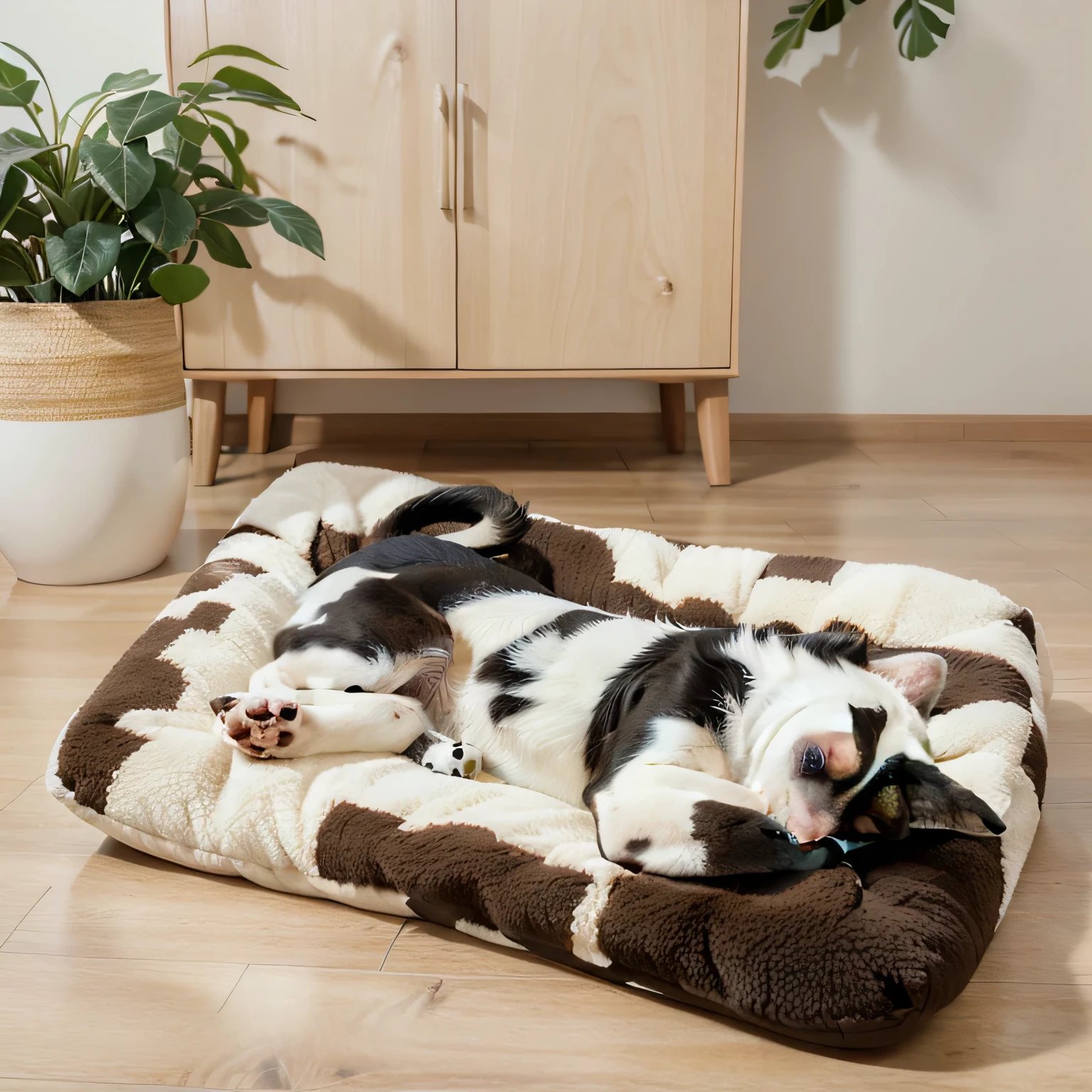 There is a dog bed on the floor, Designed for comfort and aesthetics!, Soft and warm, soft and warm, White with chocolate brown spots, Very high quality, Very detailed and high quality, High quality details, Very detailed, Extremely detailed, very comfortable, Extremely true, Spotted Surreal, Large and comfortable bed,Natural light and shadow,Soft light shines on the mat,Hyper-realistic scenes,Plush cushions