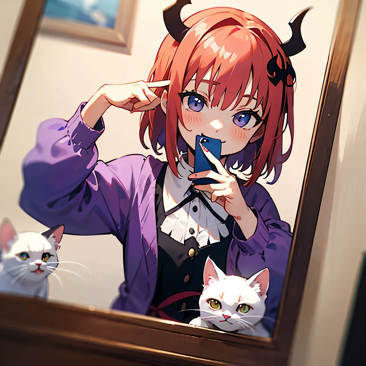 Satanichia Mcdowel with her smiling face dressed in purple clothes and taking a photo with her phone from her mirror with her little white kitten on her Satanichia head 